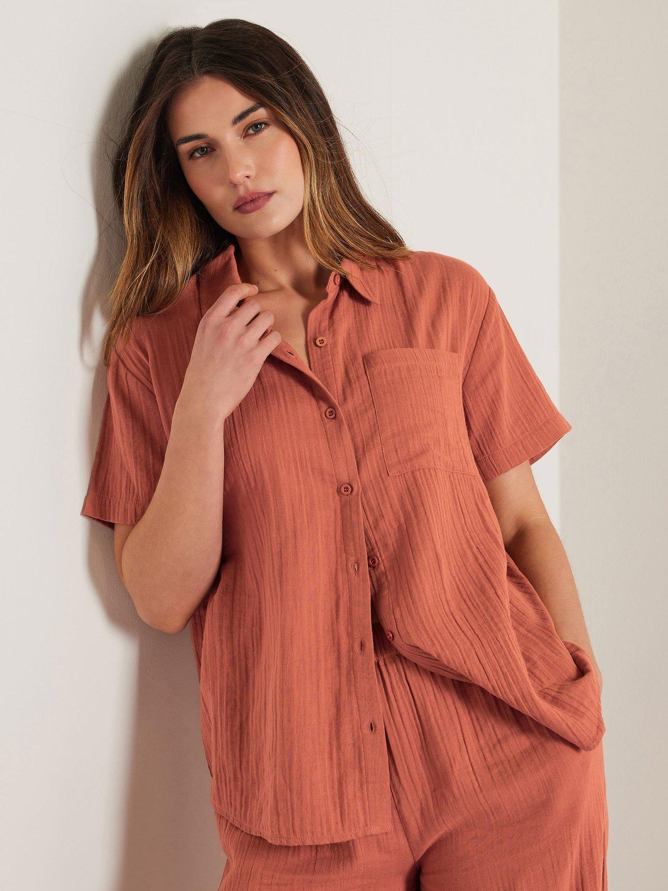  image of long-tall-sally-tall-cheesecloth-short-sleeve-shirt-orange