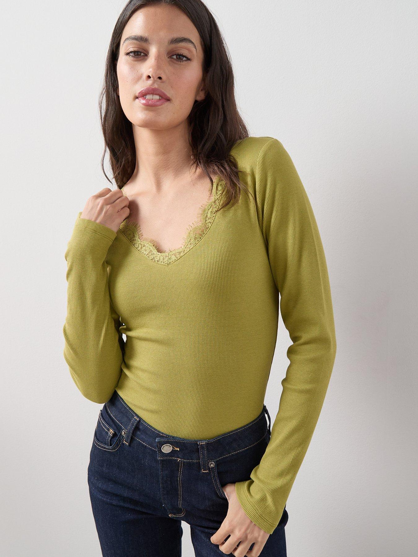 Image 1 of 7 of The Very Collection Lace Trim Long Sleeve Rib Top - Green