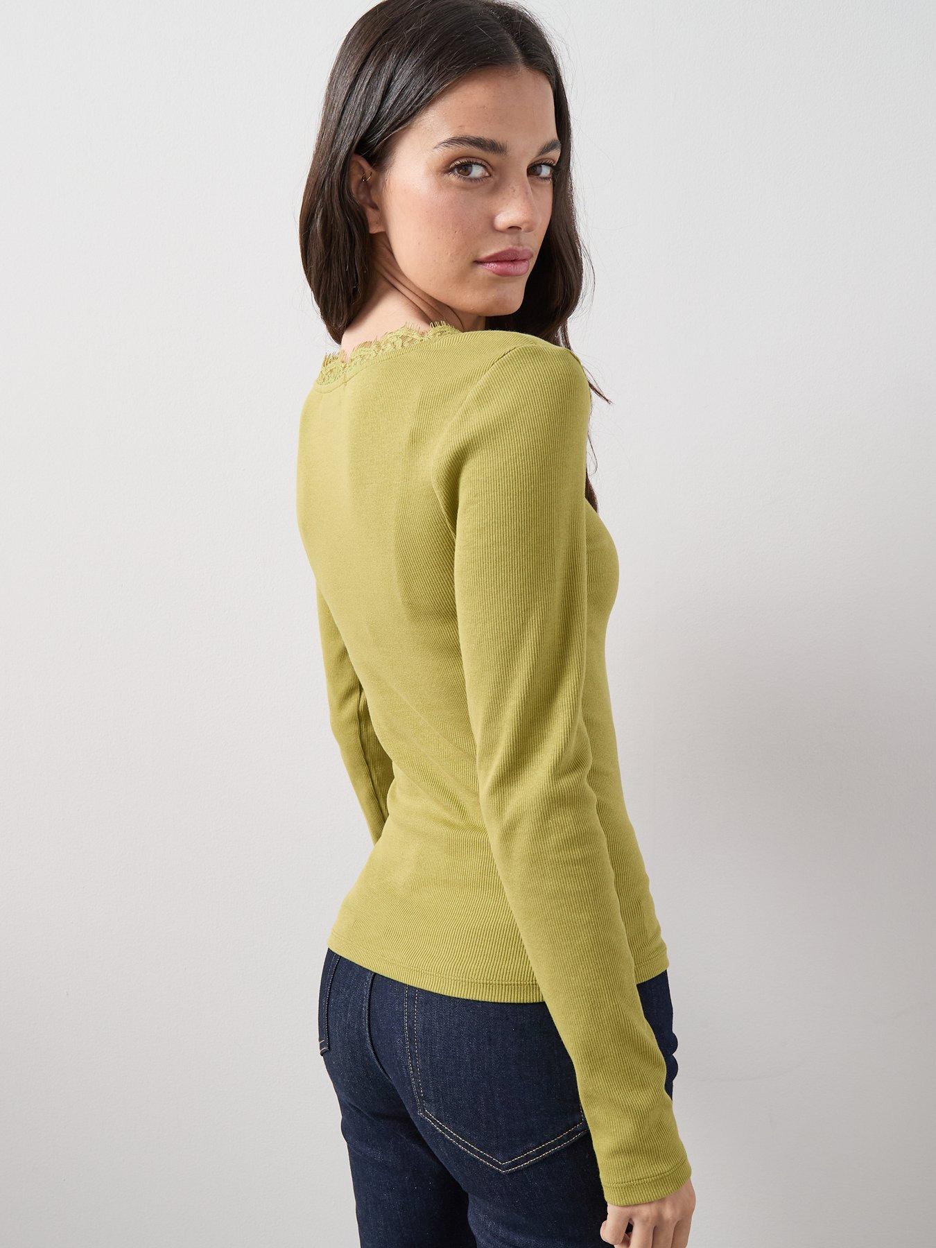 Image 2 of 7 of The Very Collection Lace Trim Long Sleeve Rib Top - Green