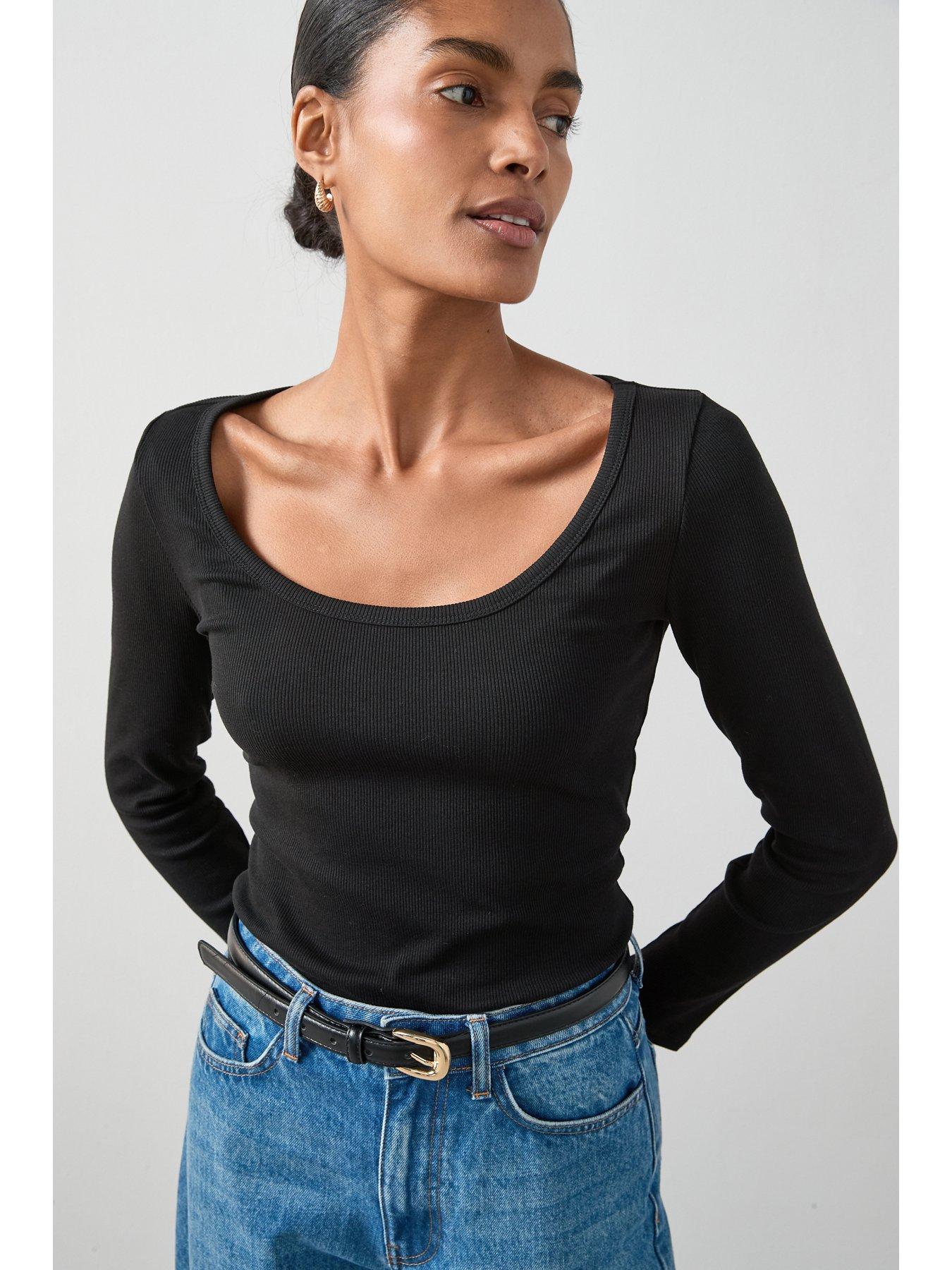 undefined Rib Scoop Neck Long Sleeve Top - Black