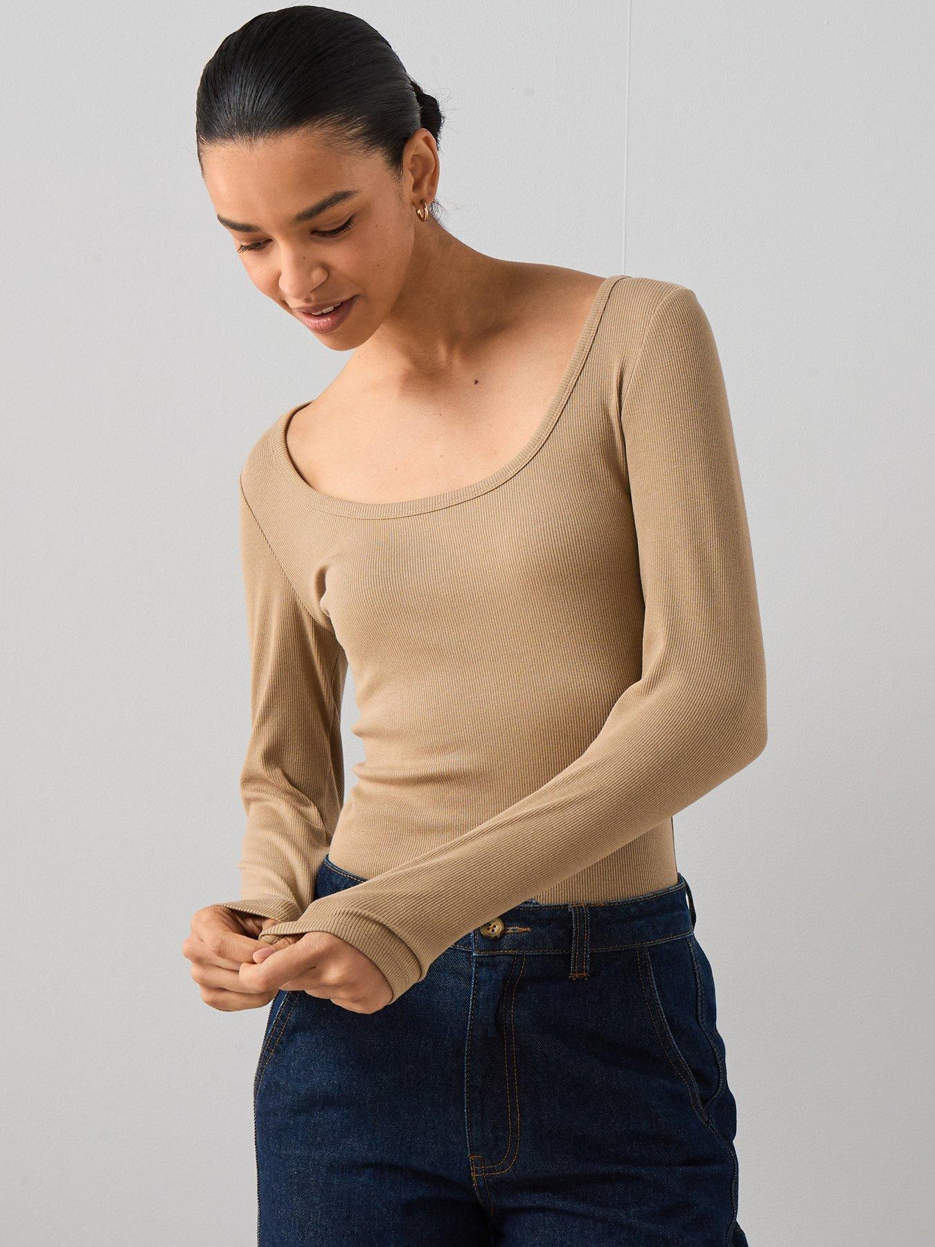 undefined Rib Scoop Neck Long Sleeve Top - Taupe