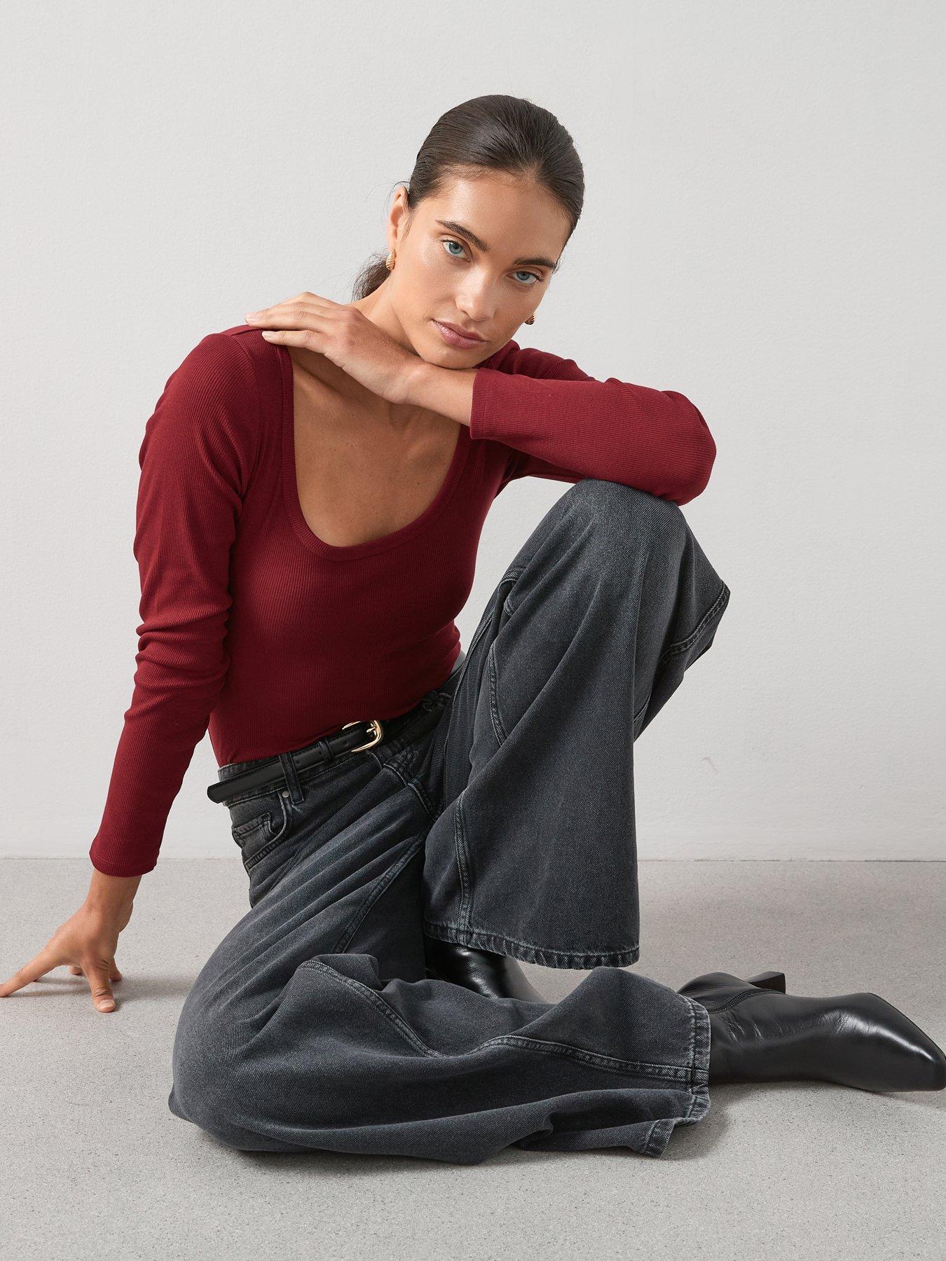 undefined Ribbed Scoop Neck Long Sleeve - Burgundy