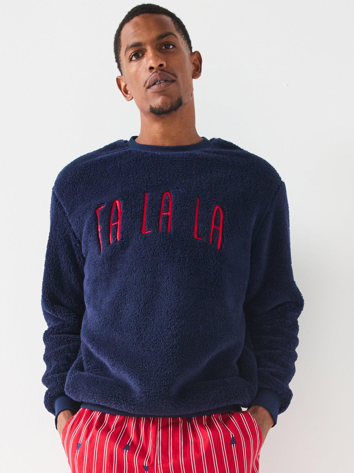 Image 2 of 7 of The Very Collection Mens Family Christmas Borg Sweat and Woven Trousers PJ Set - Navy