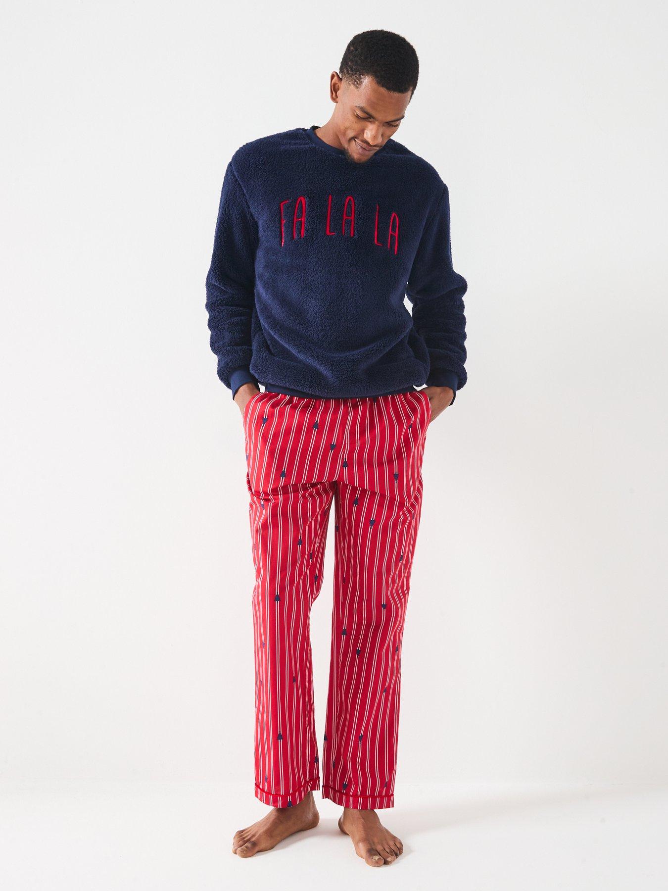 Image 4 of 7 of The Very Collection Mens Family Christmas Borg Sweat and Woven Trousers PJ Set - Navy