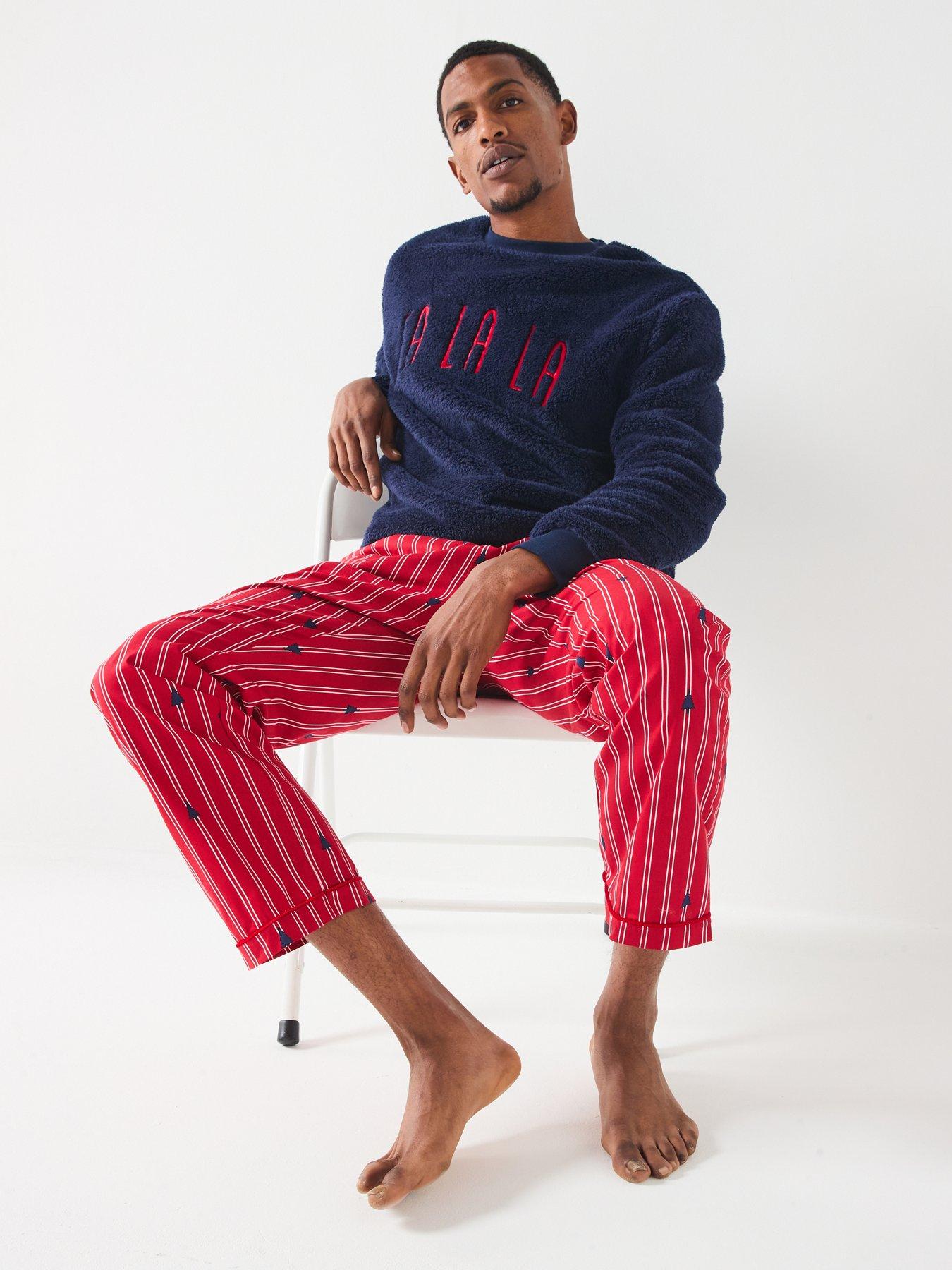 Image 5 of 7 of The Very Collection Mens Family Christmas Borg Sweat and Woven Trousers PJ Set - Navy