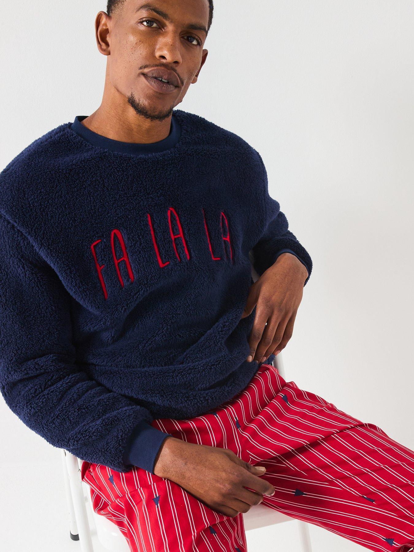 Image 6 of 7 of The Very Collection Mens Family Christmas Borg Sweat and Woven Trousers PJ Set - Navy