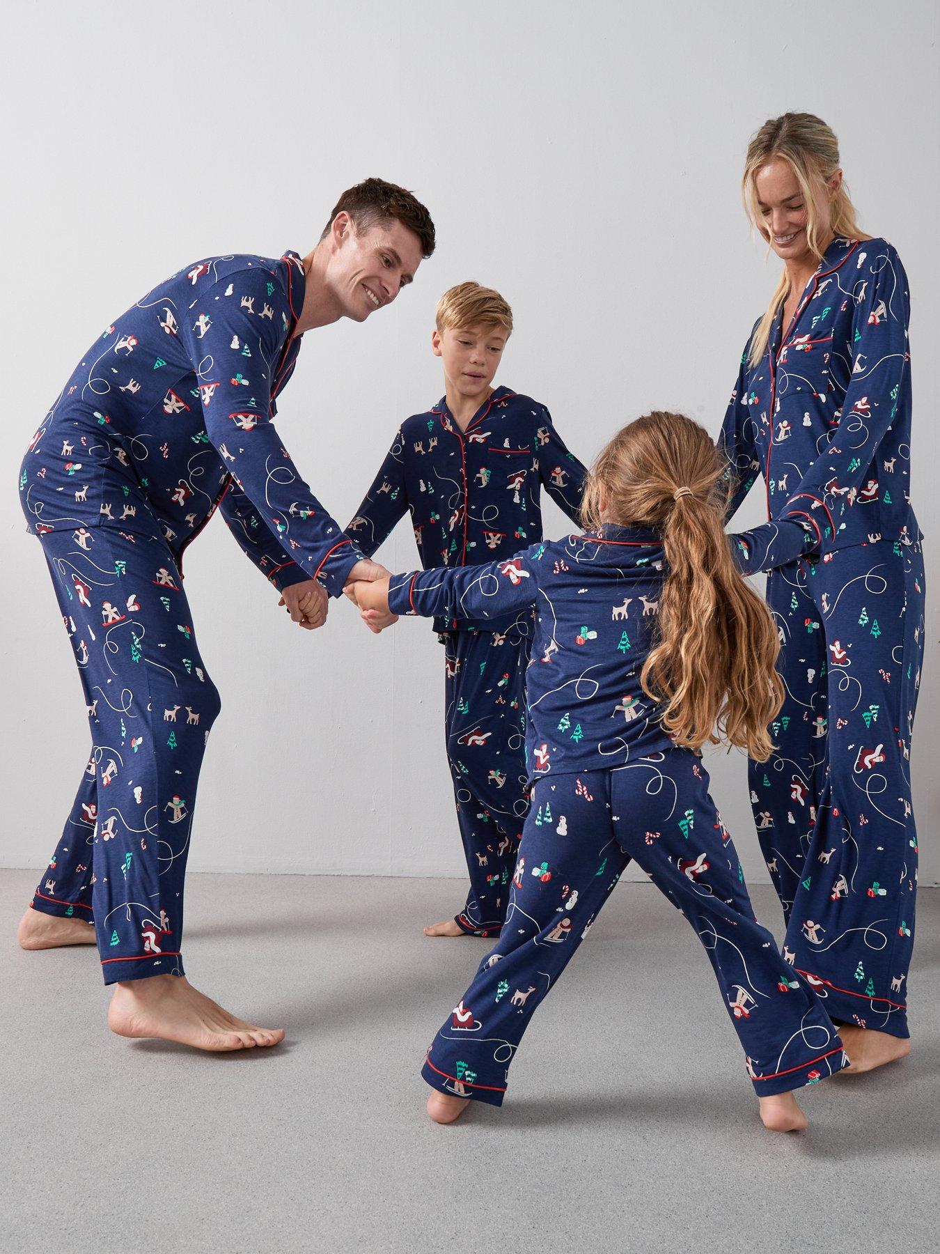 undefined Mens Family Christmas PJ Printed Christmas Ski Jersey Revere Set - Navy