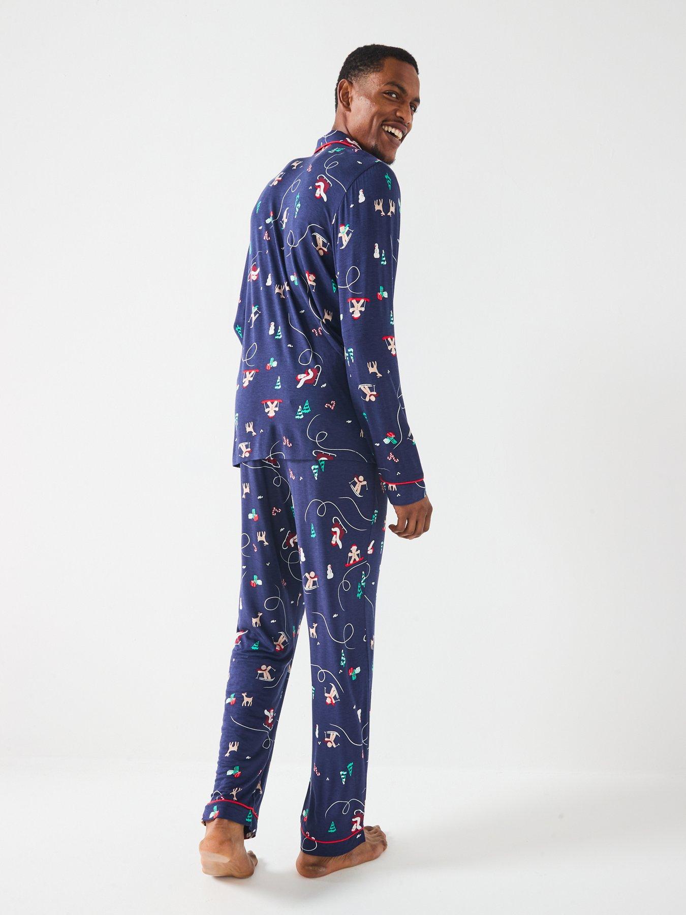 Image 6 of 7 of The Very Collection Mens Family Christmas PJ Printed Christmas Ski Jersey Revere Set - Navy