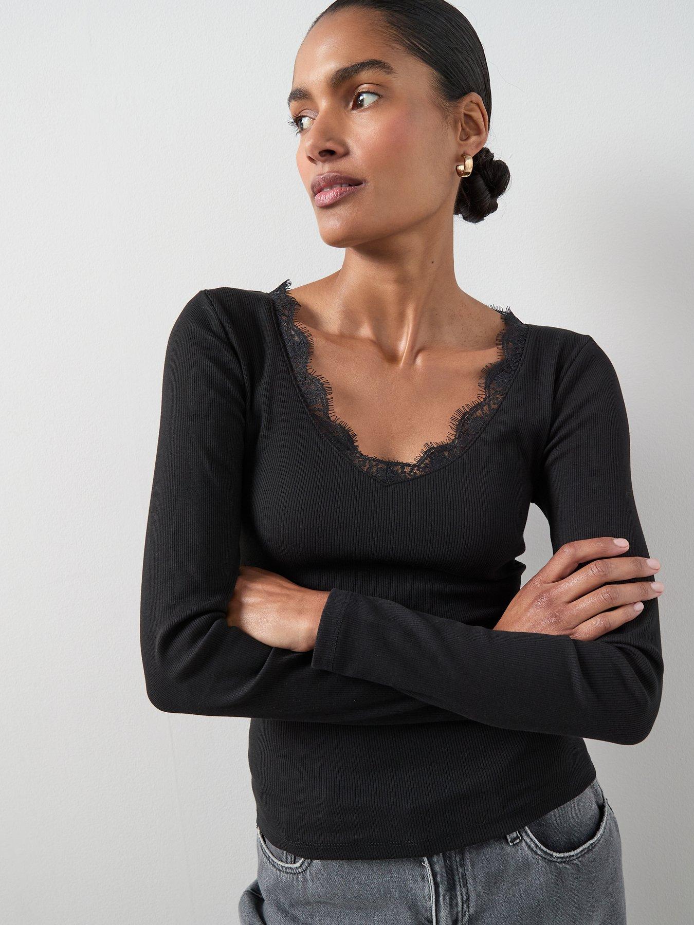 The Very Collection Lace Trim Long Sleeve Rib Top - Black