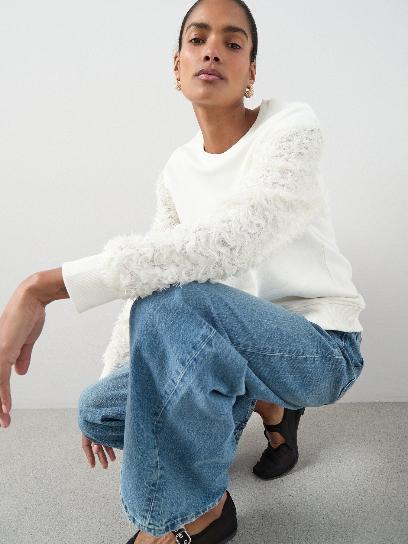  image of the-very-collection-lace-sleeve-top-cream