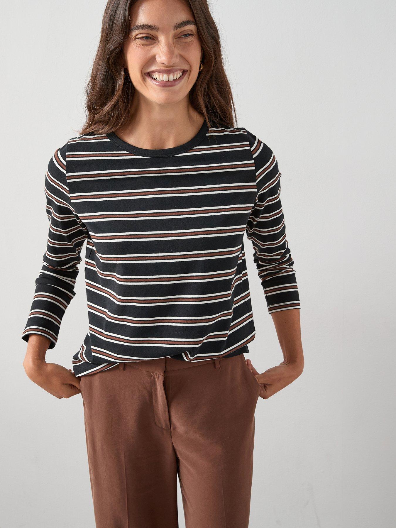 undefined Long Sleeve Oversize Basic Stripe Top - Black