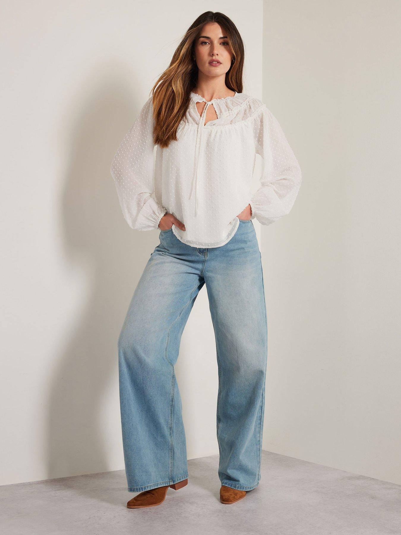  image of long-tall-sally-tall-dobby-shirred-tie-blouse