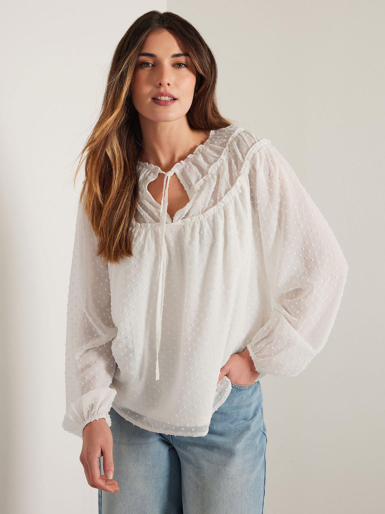  image of long-tall-sally-tall-dobby-shirred-tie-blouse