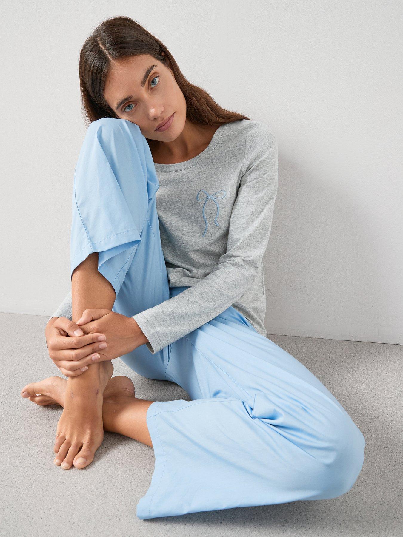 The Very Collection Long Sleeve Jersey Embroided Top And Woven Bottom - Grey