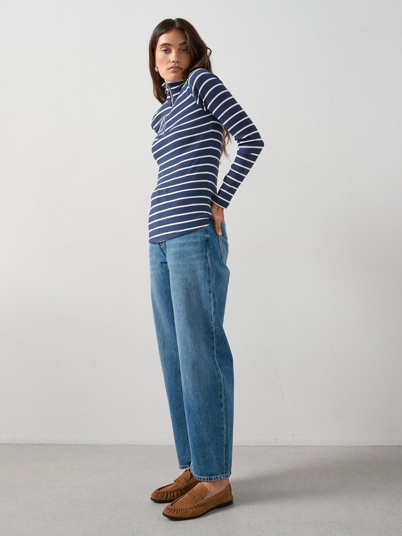 Image 6 of 6 of The Very Collection Stripe Collar Rib Long Sleeve Top - Navy
