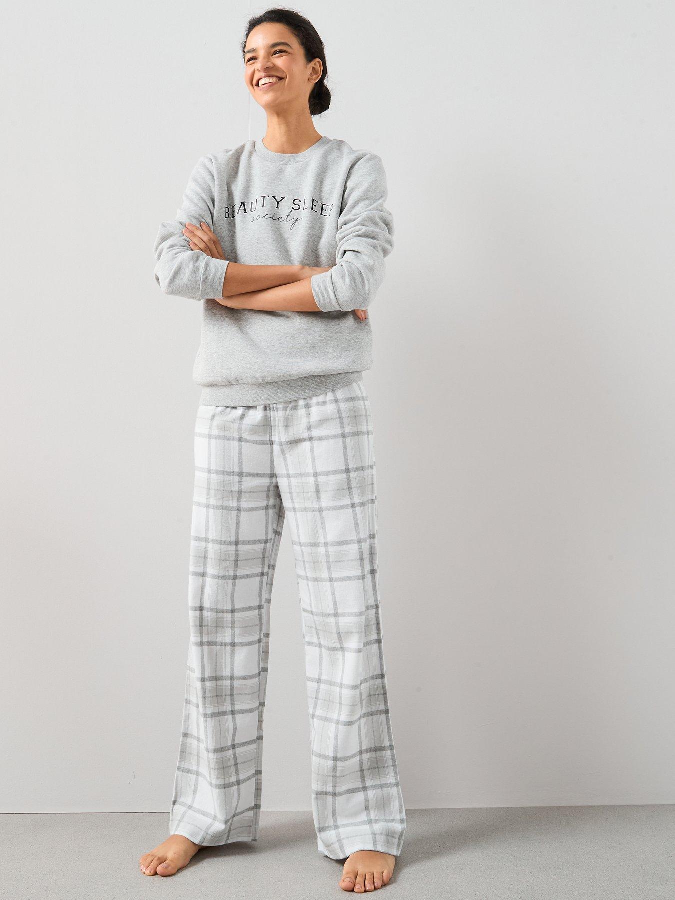 undefined Slogan Sweat And Woven Check Bottoms Pj Set - Grey