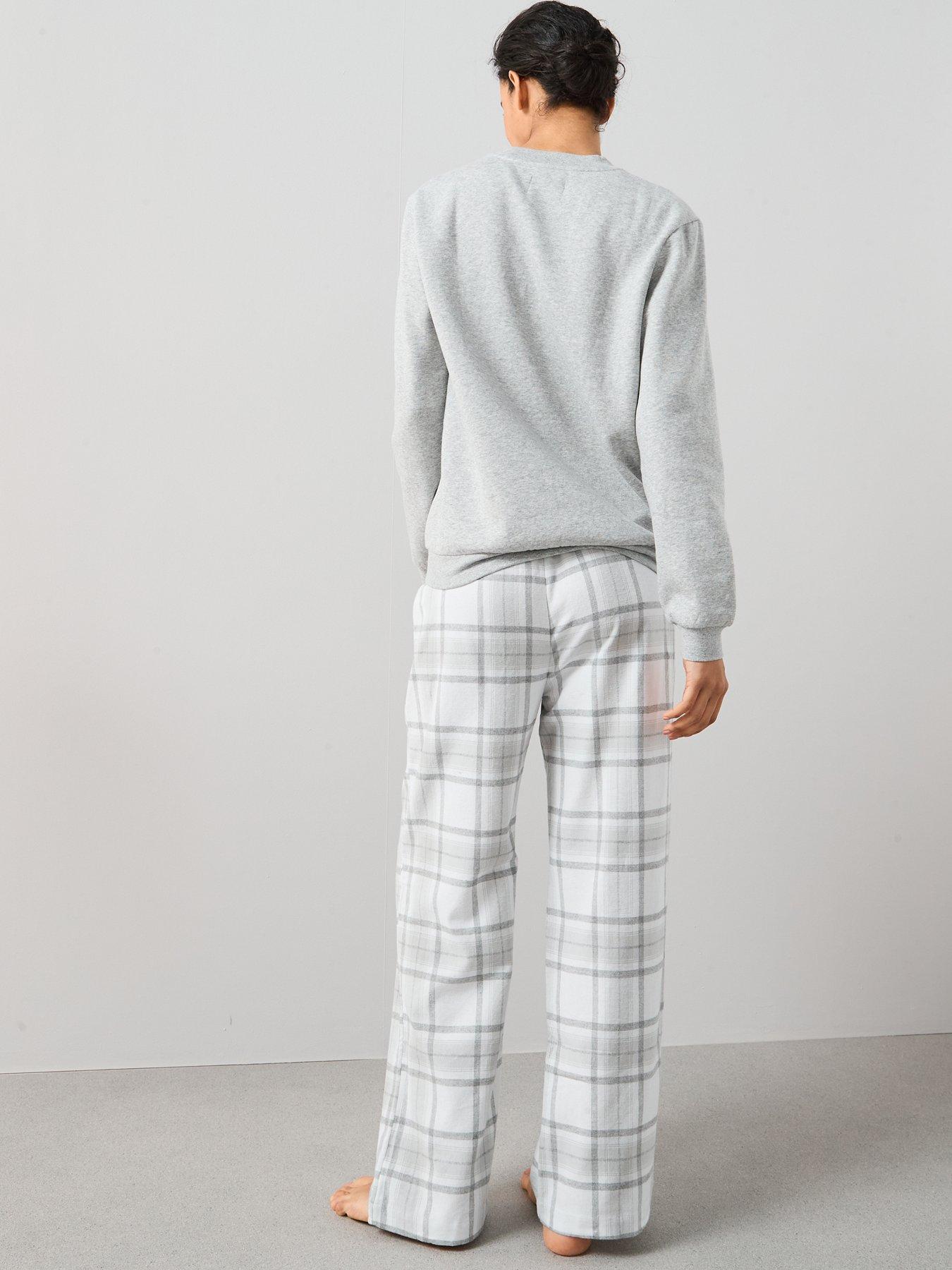 Image 2 of 6 of The Very Collection Slogan Sweat And Woven Check Bottoms Pj Set - Grey