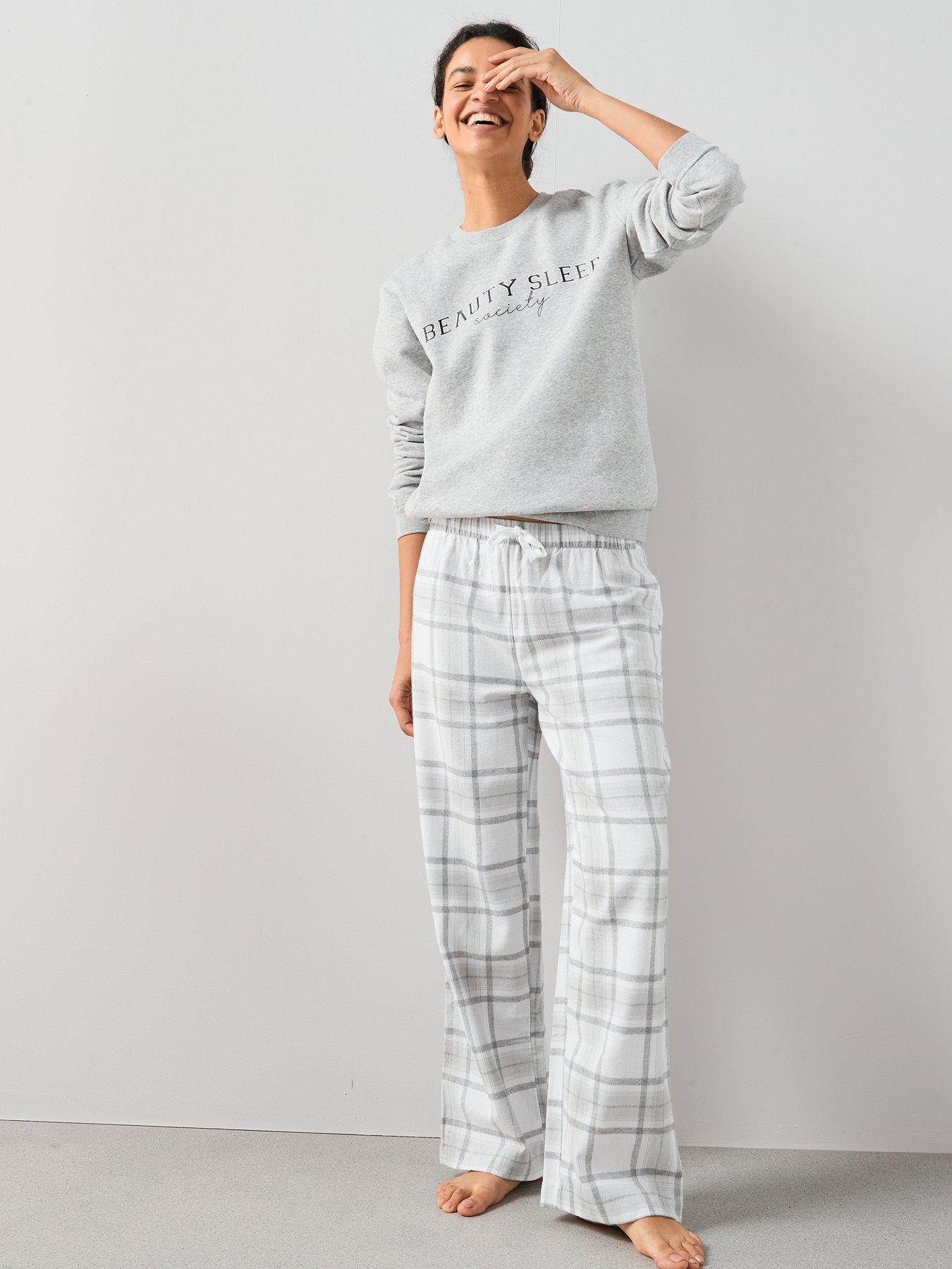 Image 3 of 6 of The Very Collection Slogan Sweat And Woven Check Bottoms Pj Set - Grey
