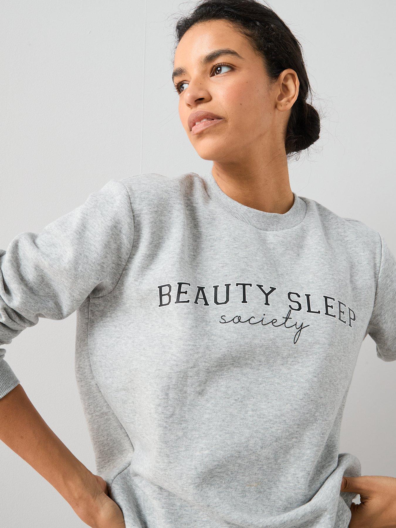 Image 4 of 6 of The Very Collection Slogan Sweat And Woven Check Bottoms Pj Set - Grey