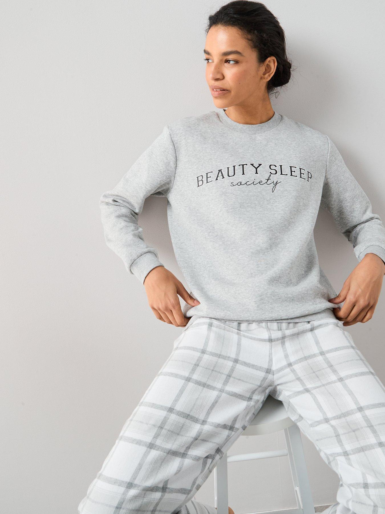 Image 5 of 6 of The Very Collection Slogan Sweat And Woven Check Bottoms Pj Set - Grey