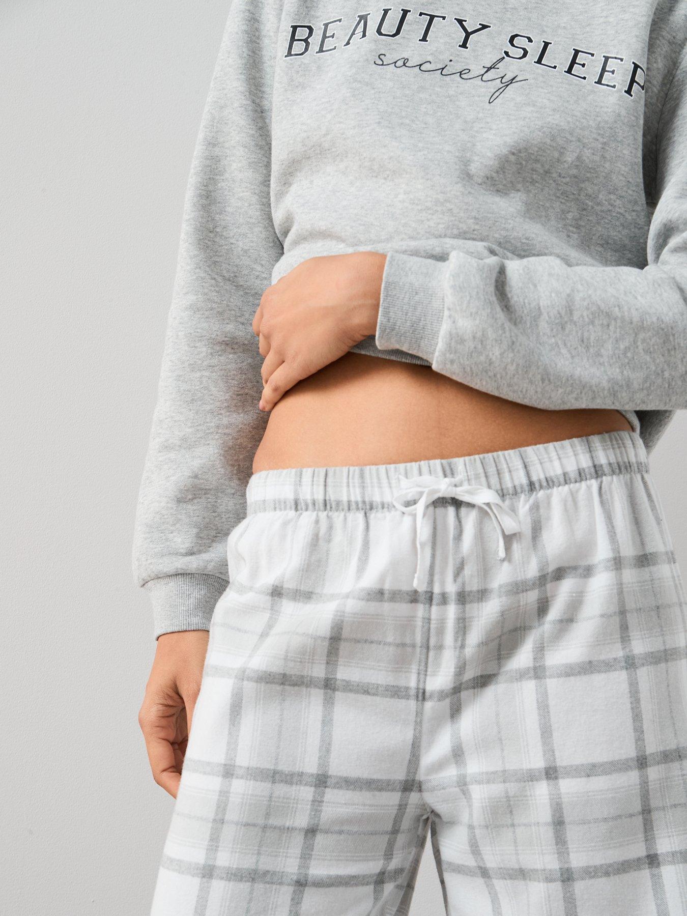 Image 6 of 6 of The Very Collection Slogan Sweat And Woven Check Bottoms Pj Set - Grey