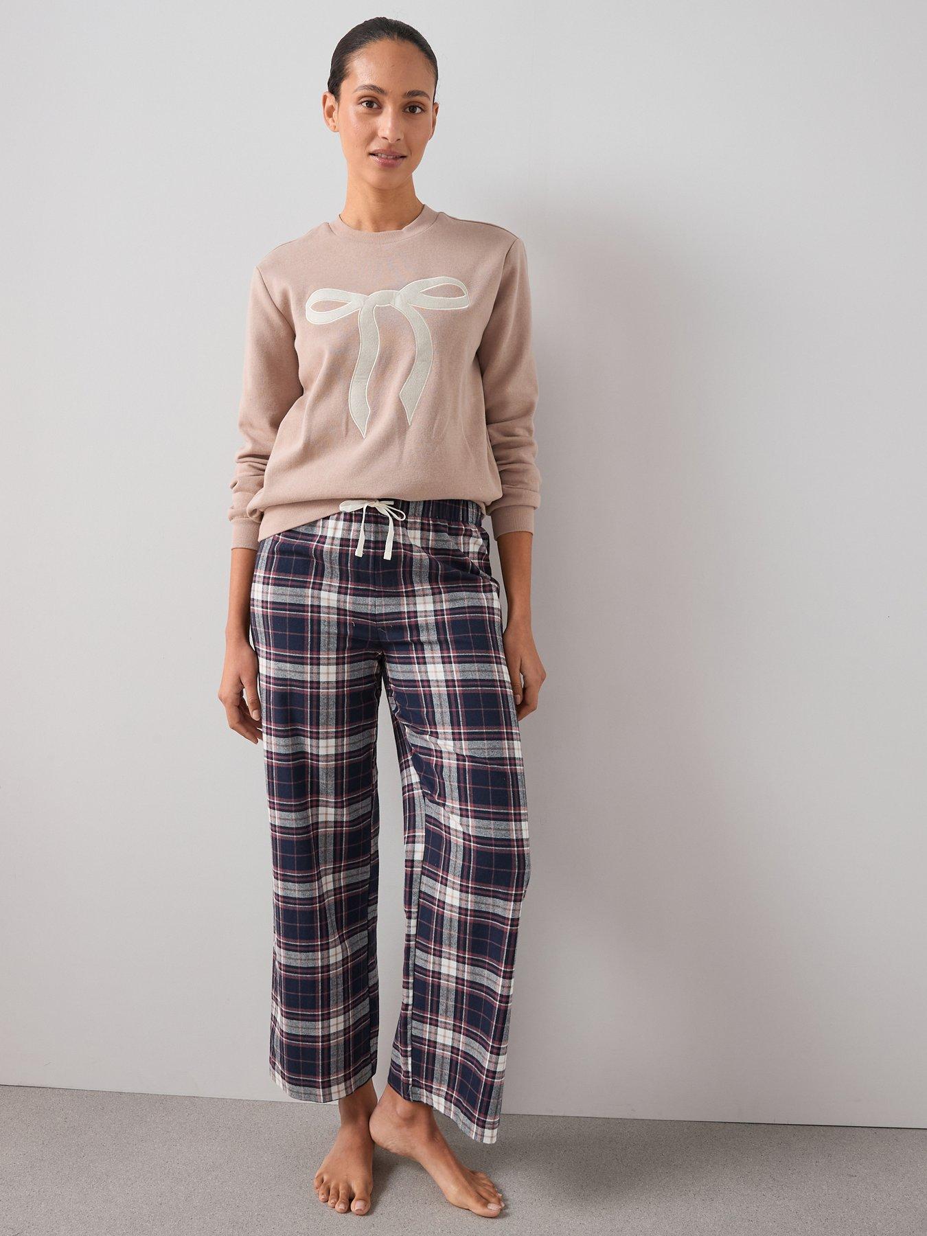 The Very Collection Bow Print Sweat And Woven Check Bottom Pyjama Set - Purple