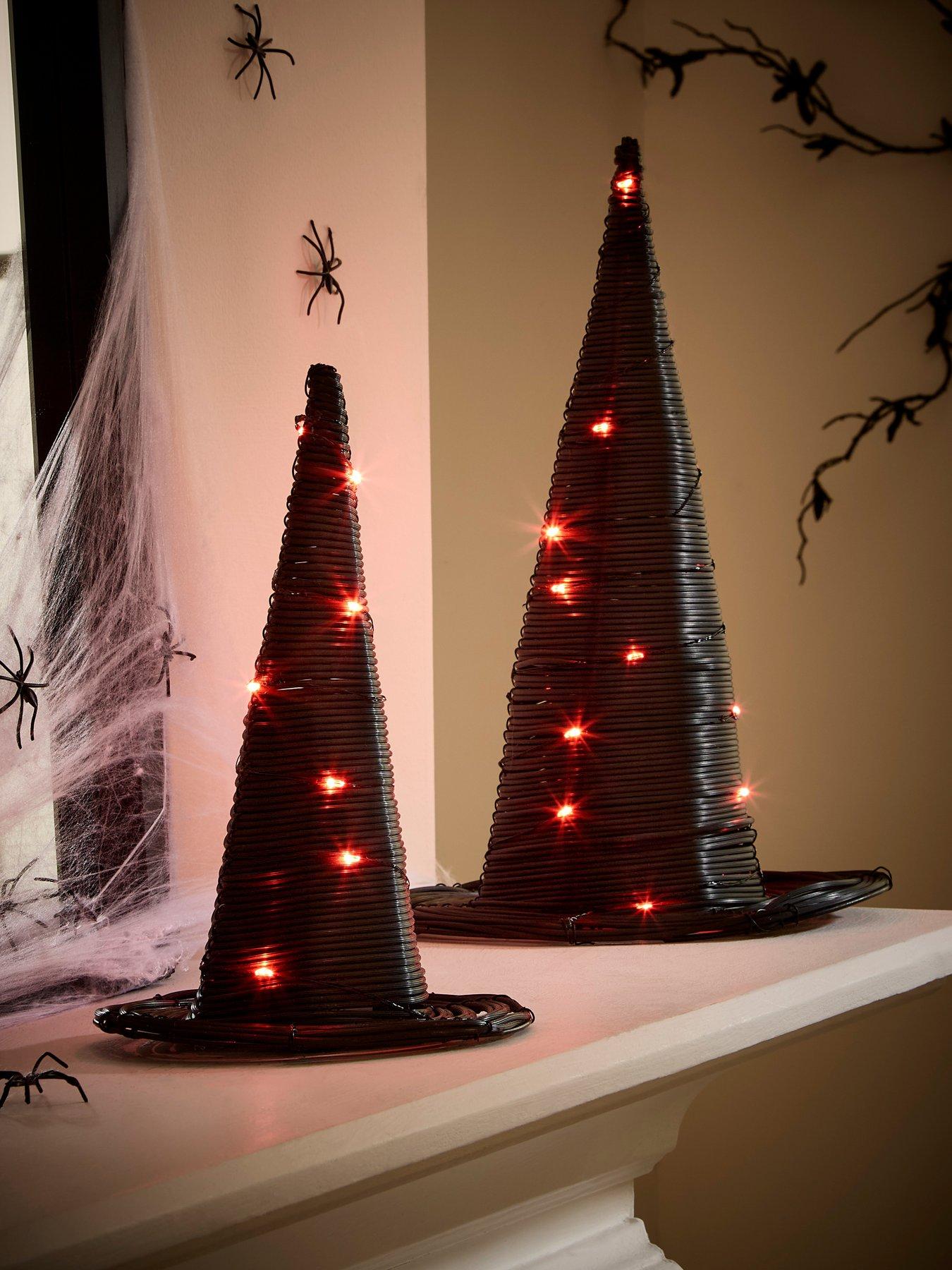 Image 1 of 4 of Very Home Set of 2 Rattan Witch Hats with Orange LEDs Halloween Decorations