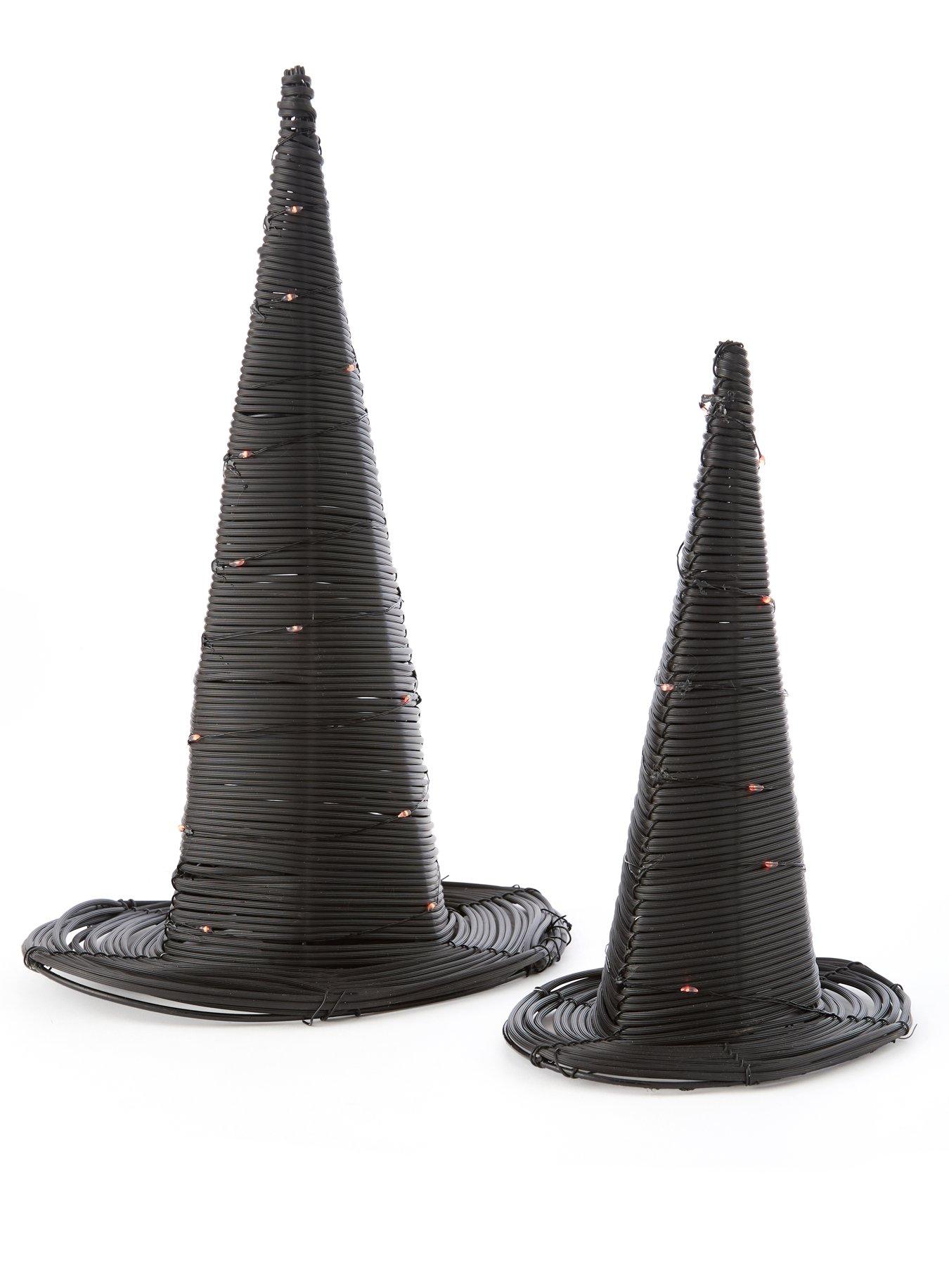 Image 2 of 4 of Very Home Set of 2 Rattan Witch Hats with Orange LEDs Halloween Decorations