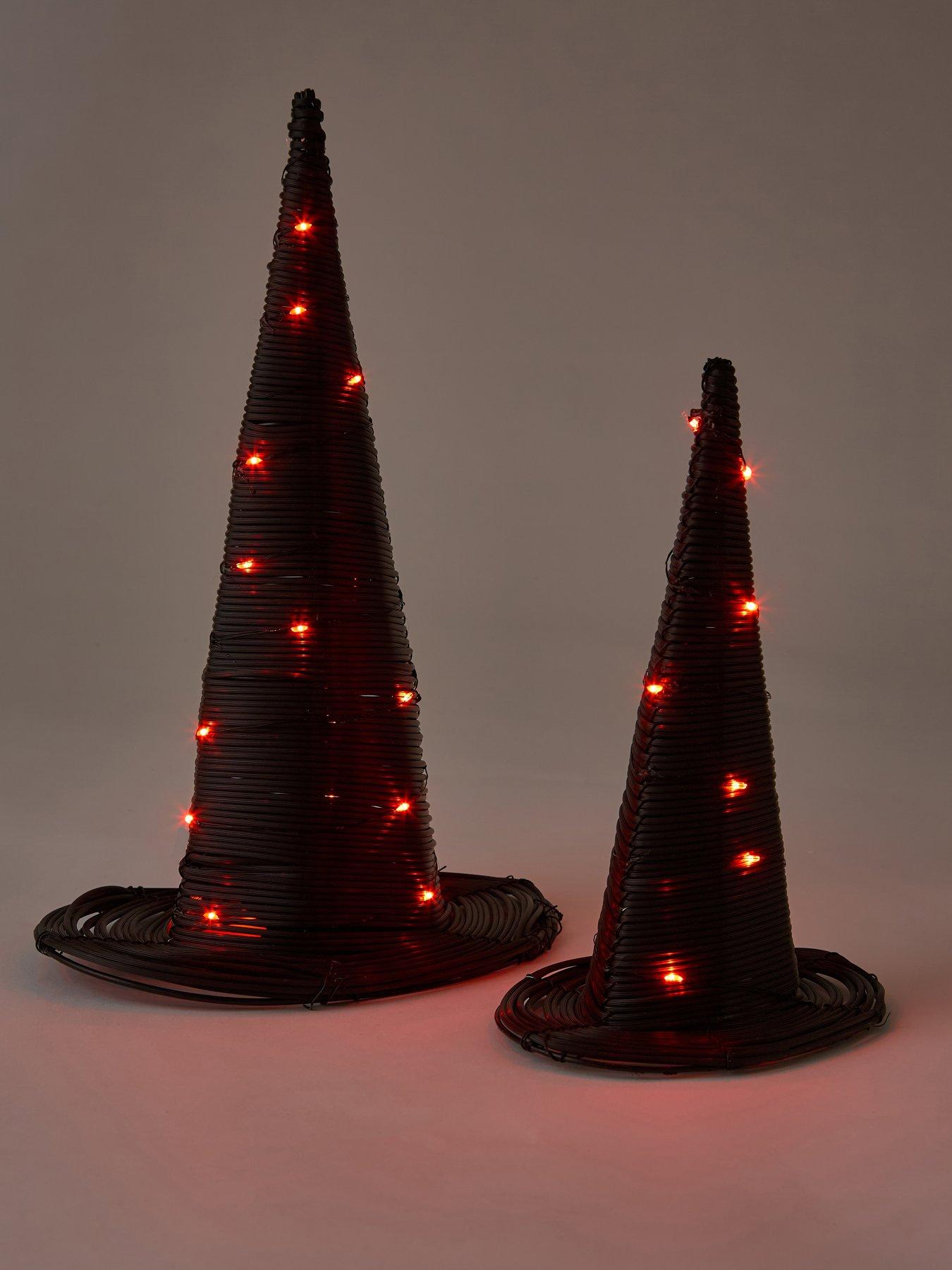 Image 3 of 4 of Very Home Set of 2 Rattan Witch Hats with Orange LEDs Halloween Decorations