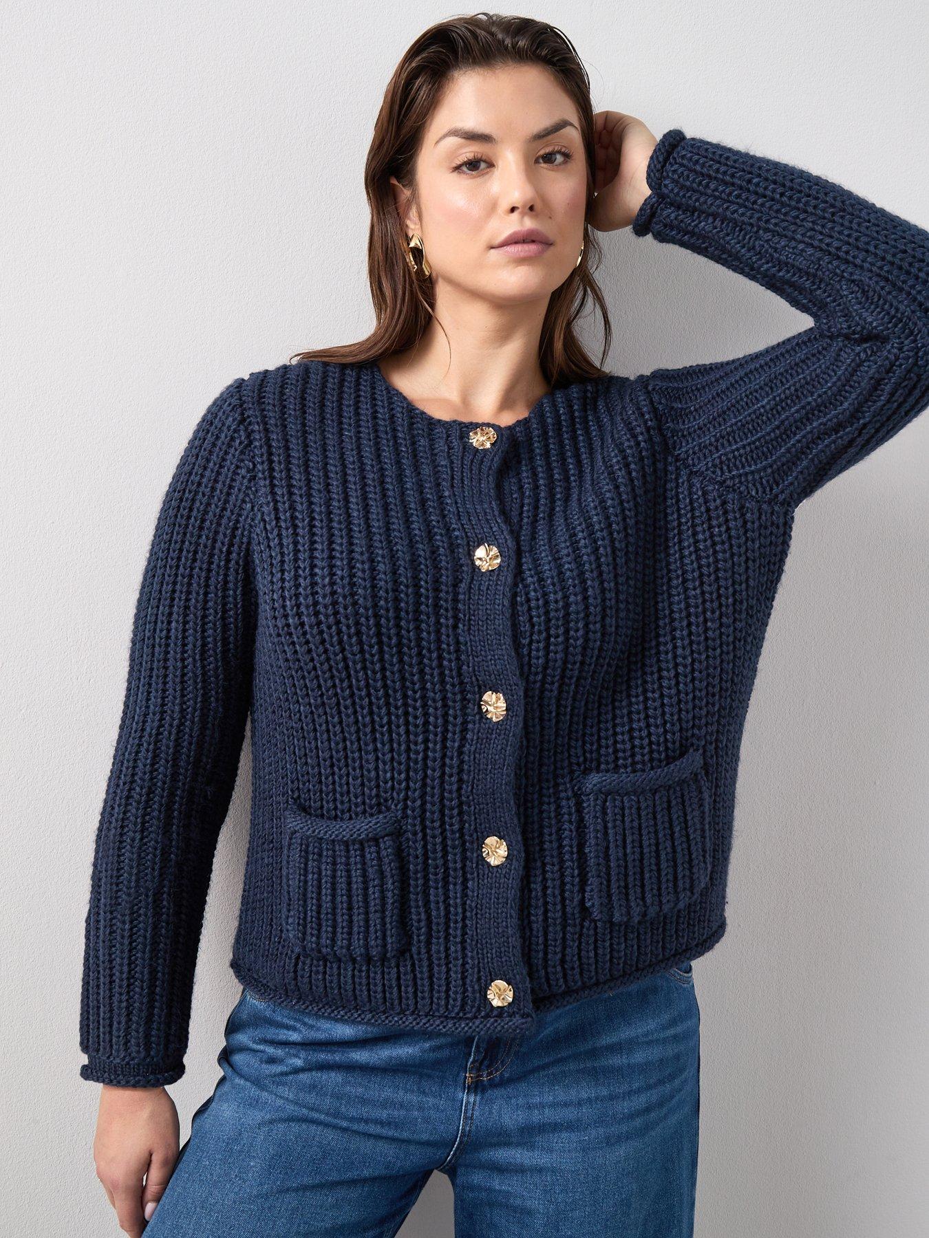 The Very Collection Curve Button Detail Crew Neck Cardigan - Navy