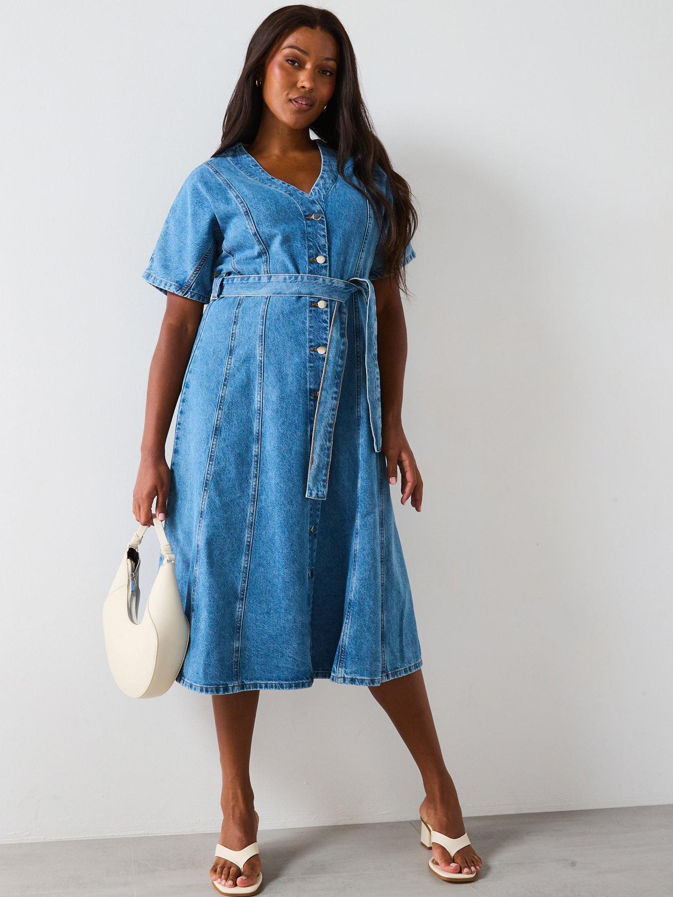 undefined Fit  &  Flare Denim Midi Dress - Blue