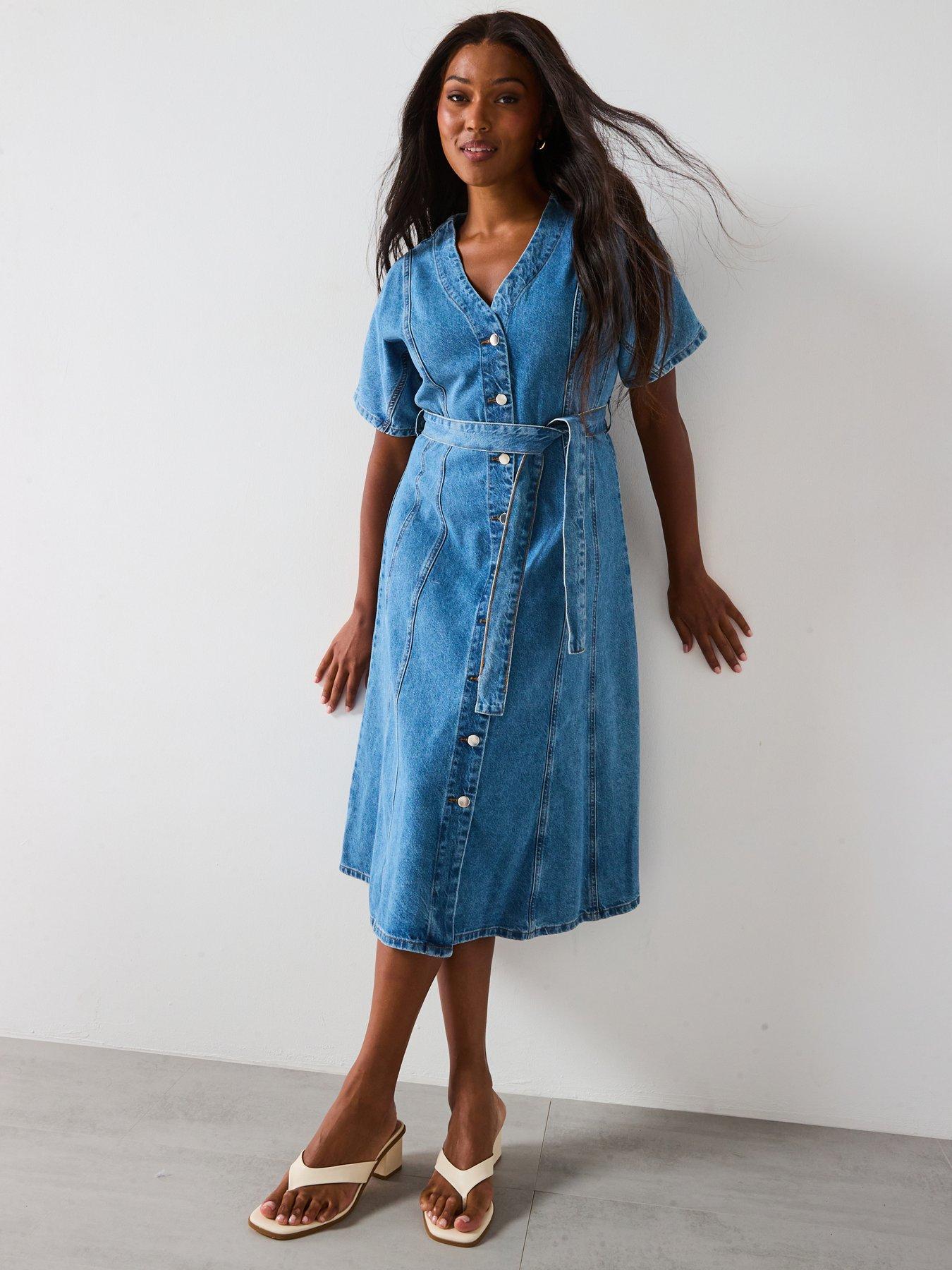 V by Very Curve Fit  &  Flare Denim Midi Dress - Blue