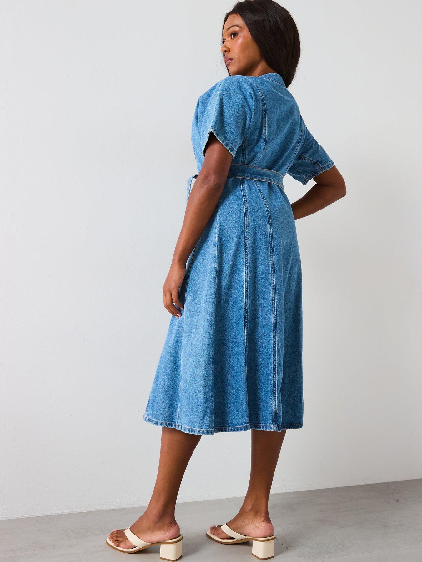 Image 2 of 5 of V by Very Curve Fit &amp; Flare Denim Midi Dress - Blue