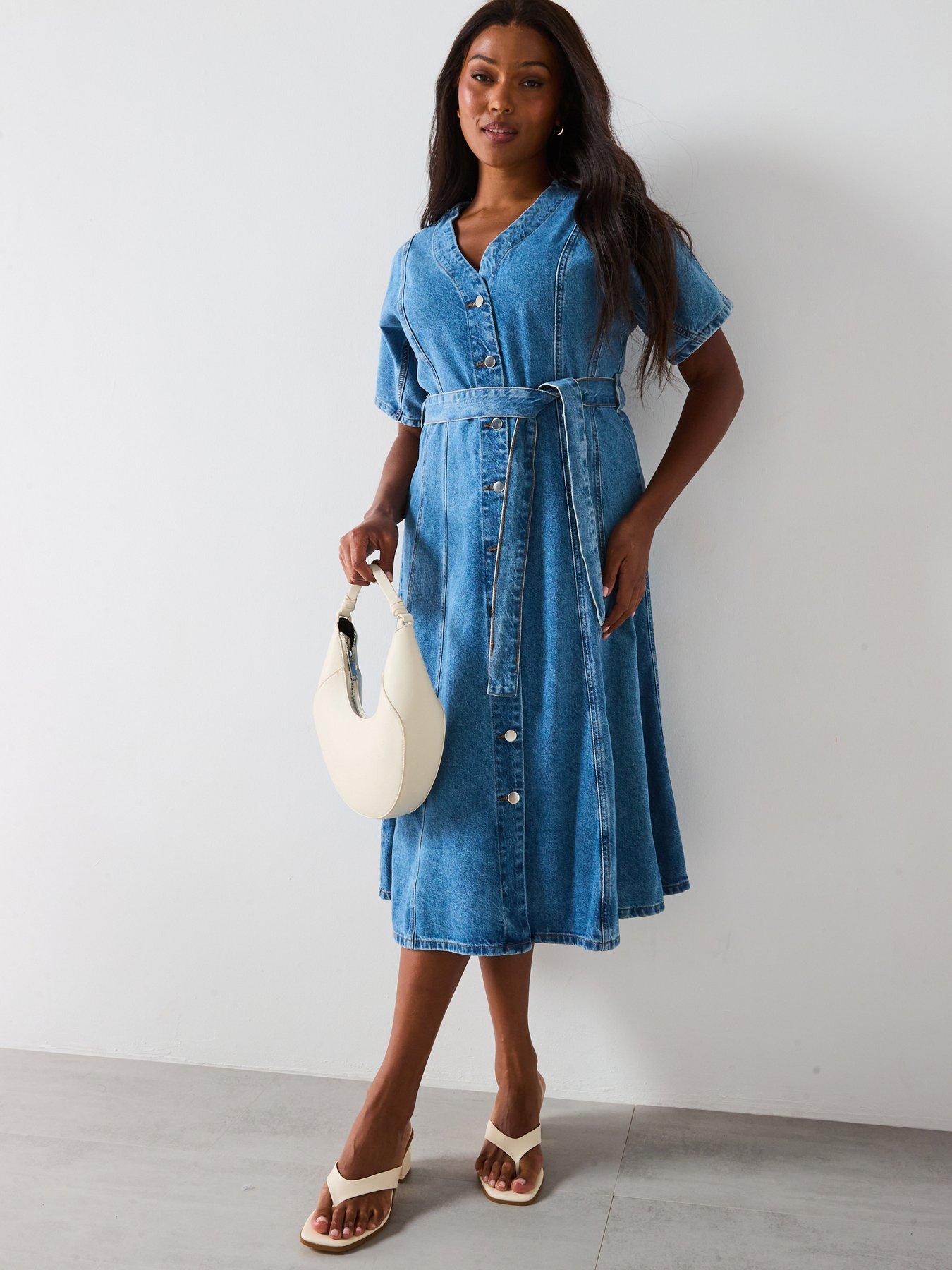 Image 3 of 5 of V by Very Curve Fit &amp; Flare Denim Midi Dress - Blue