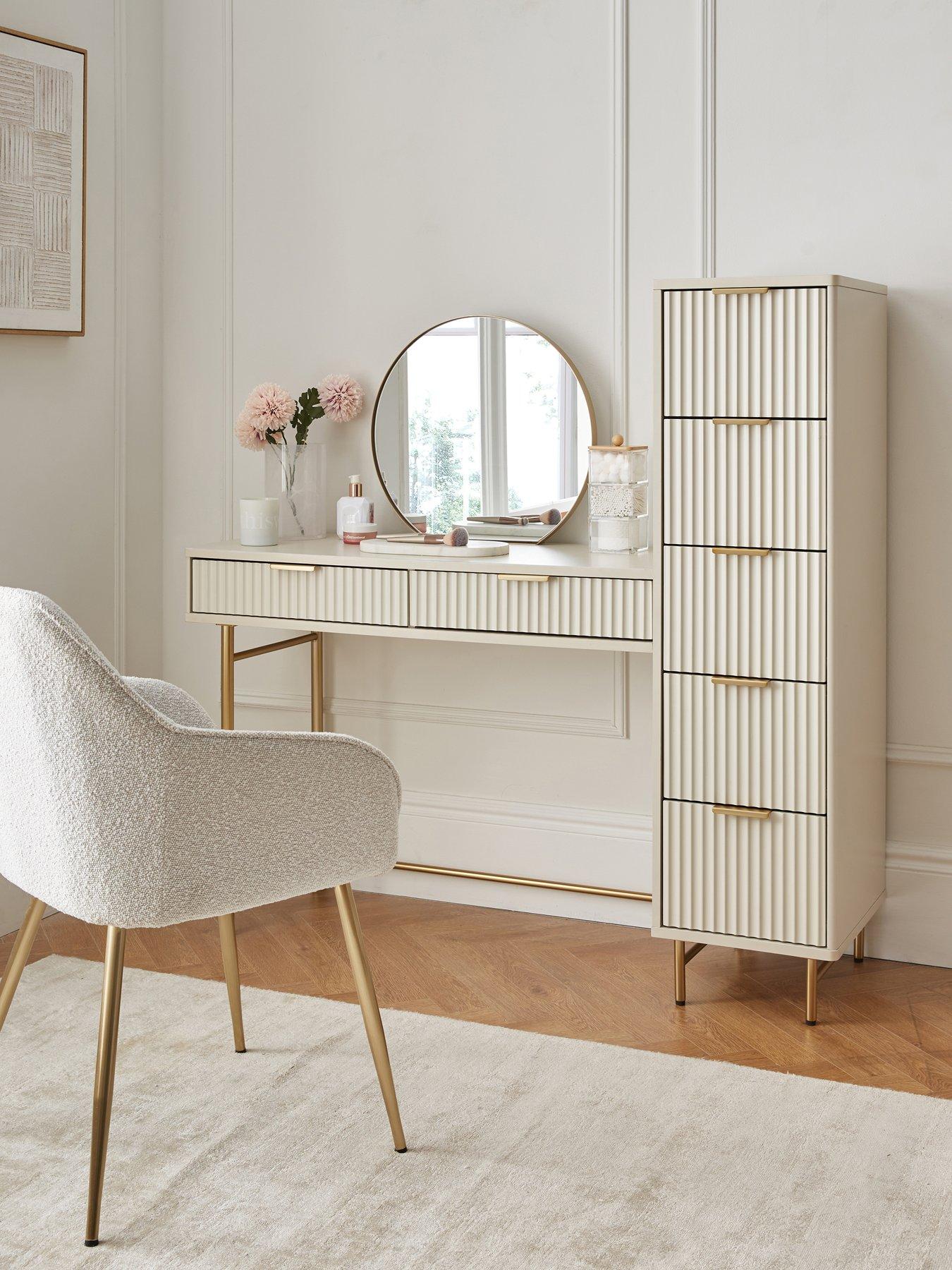 The Very Collection Cora Dressing Table, Mirror and Side Drawers Set - Ivory/Brass