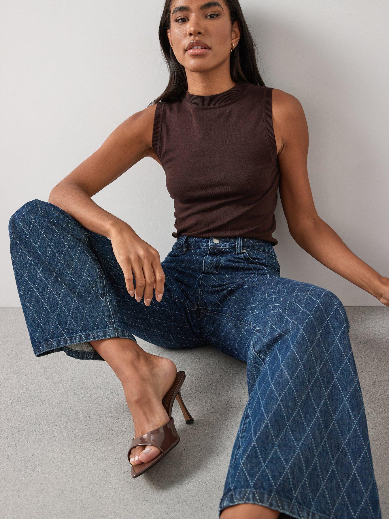Image 4 of 6 of The Very Collection Diamond Print Wide Leg Jeans - Dark Wash
