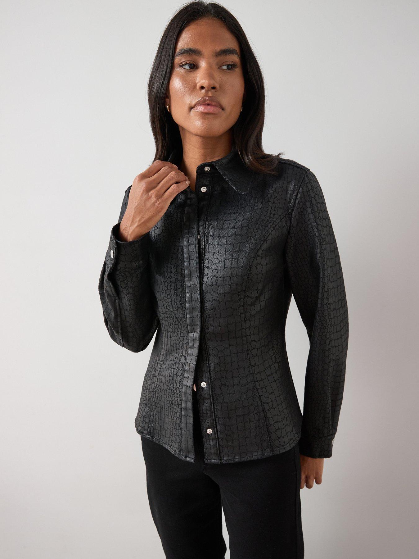 the-very-collection-mock-croc-denim-fitted-shirt-black