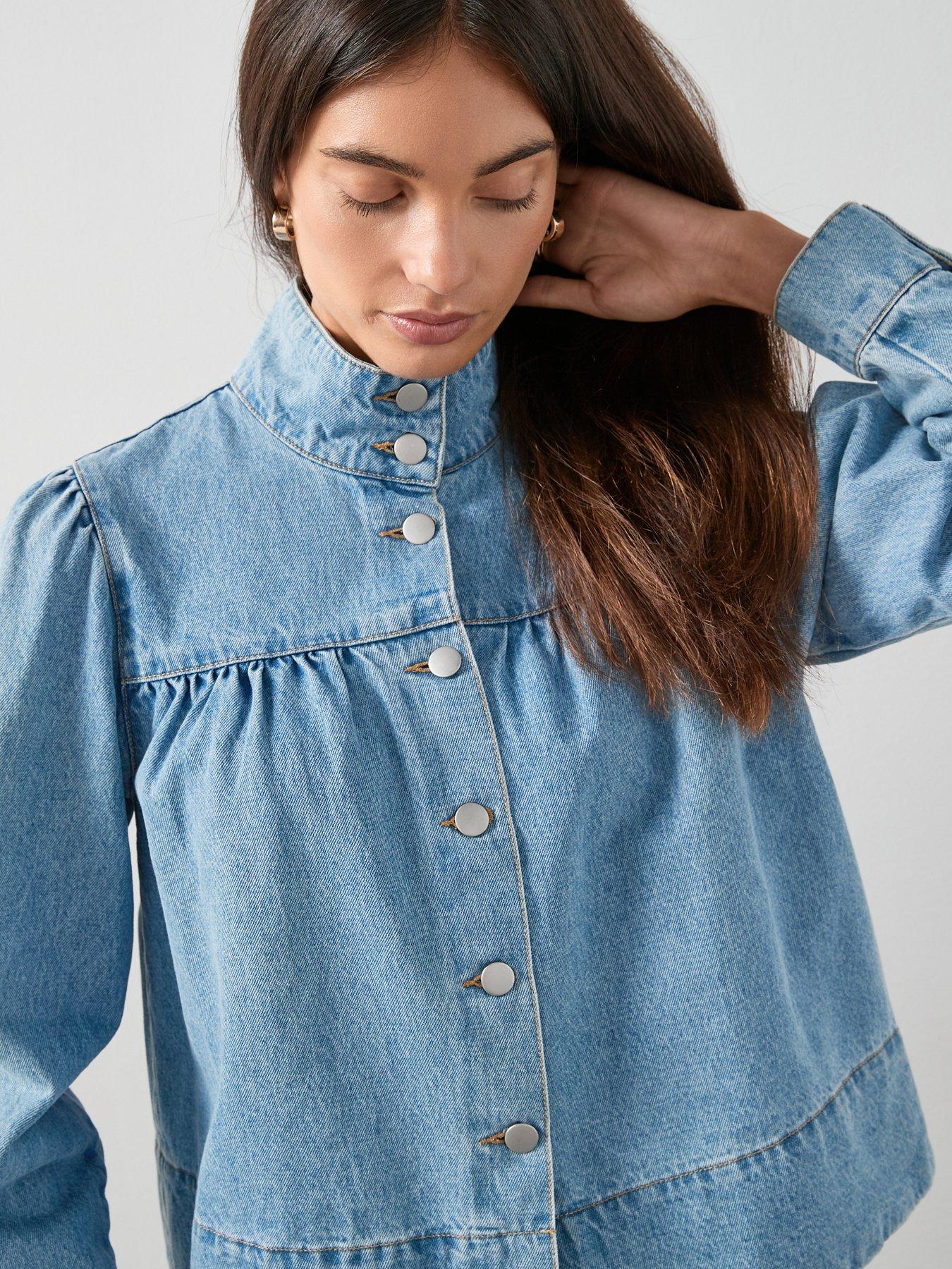 Image 4 of 7 of The Very Collection Denim Funnel Neck Jacket - Mid Wash