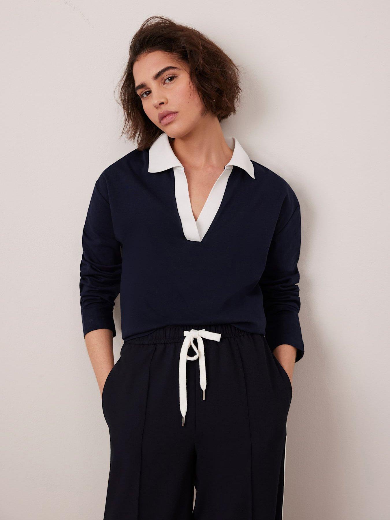 undefined Long Sleeve Polo Top - Navy