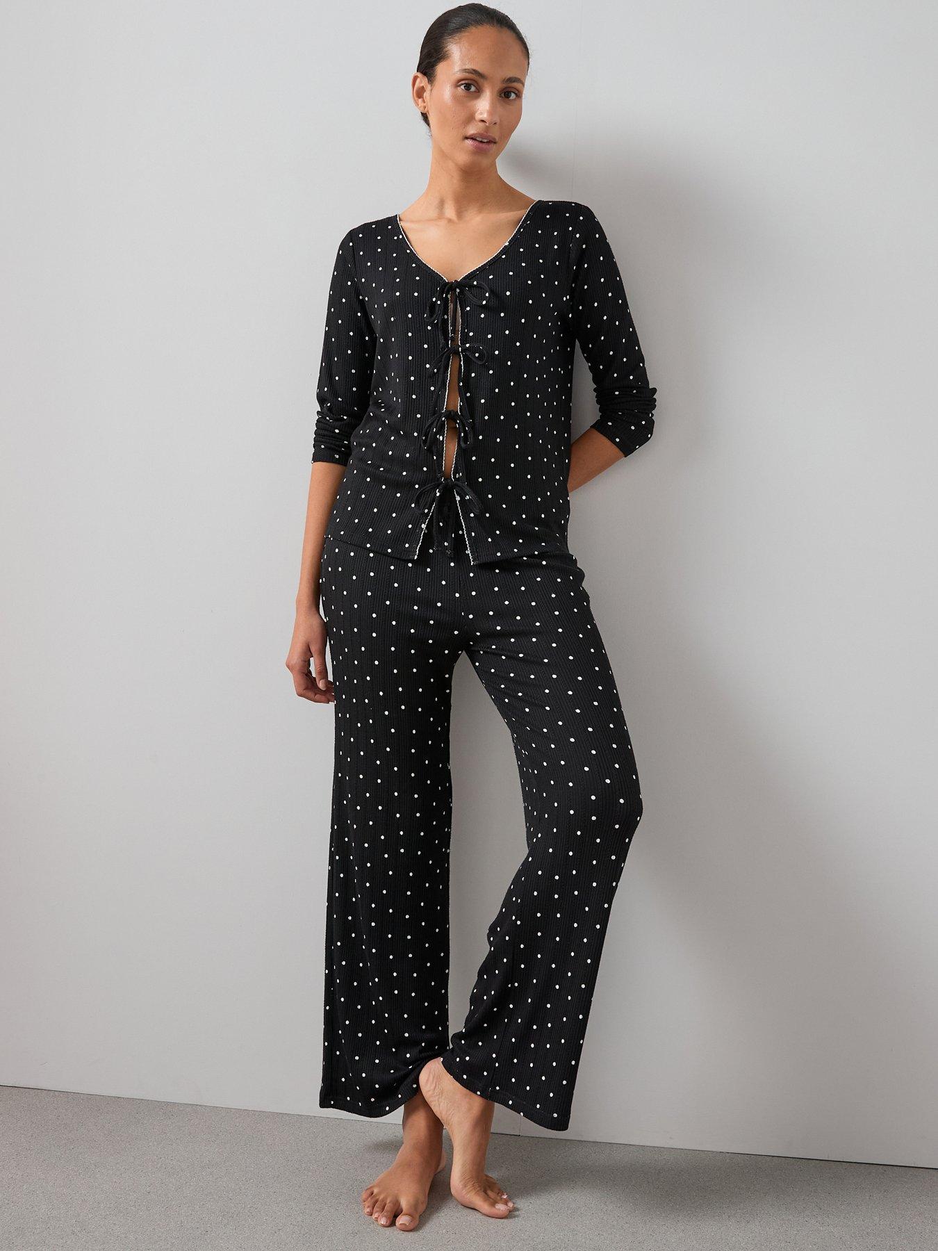 The Very Collection Polka Dot Tie Front Jersey Top And Wide Leg Bottom Pj Set - Black