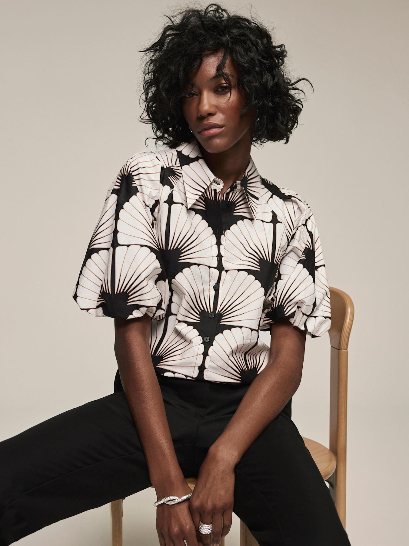  image of mint-velvet-neutral-shell-print-shirt-black