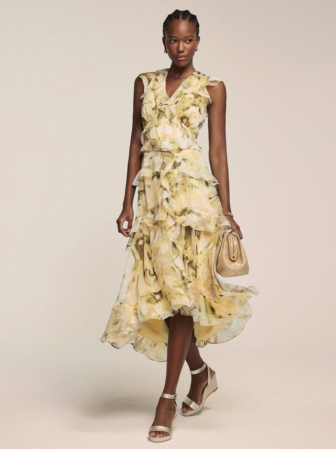 undefined Yellow Floral Print Midi Dress - Cream