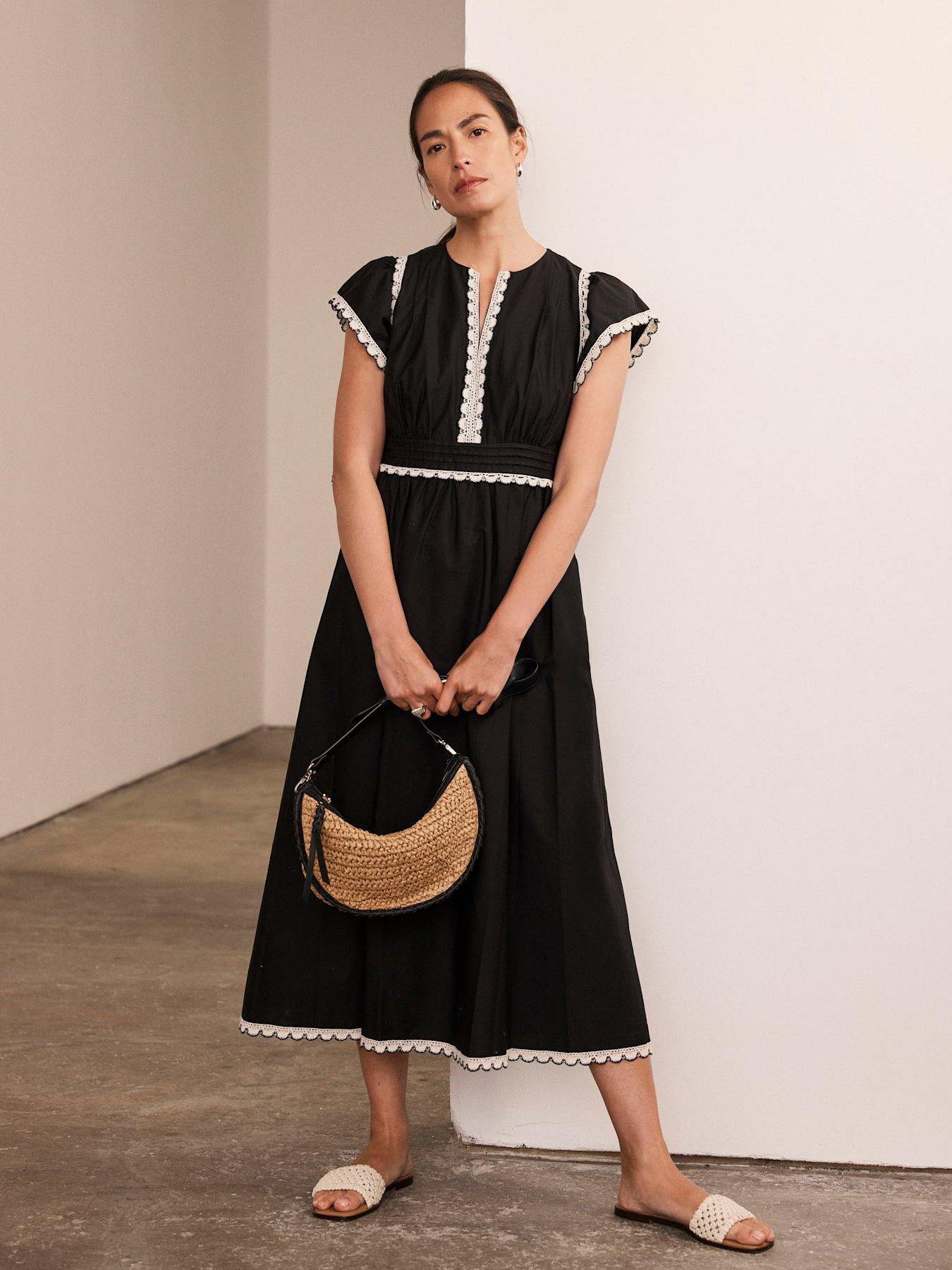 undefined Cotton Scallop Trim Midi Dress - Black
