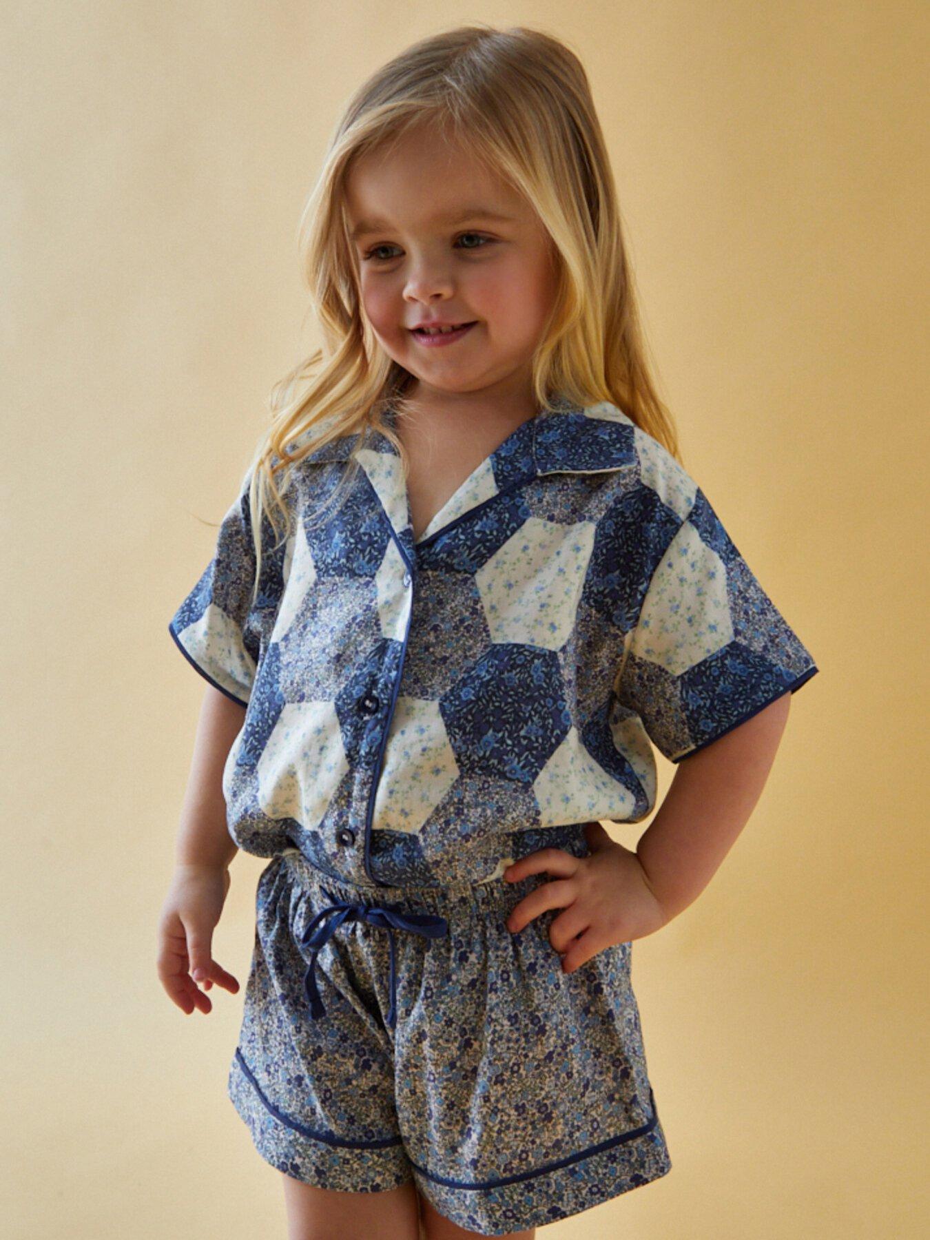  image of lily-lionel-girls-keira-short-sleeve-aster-patchwork-print-pyjama-set-blue