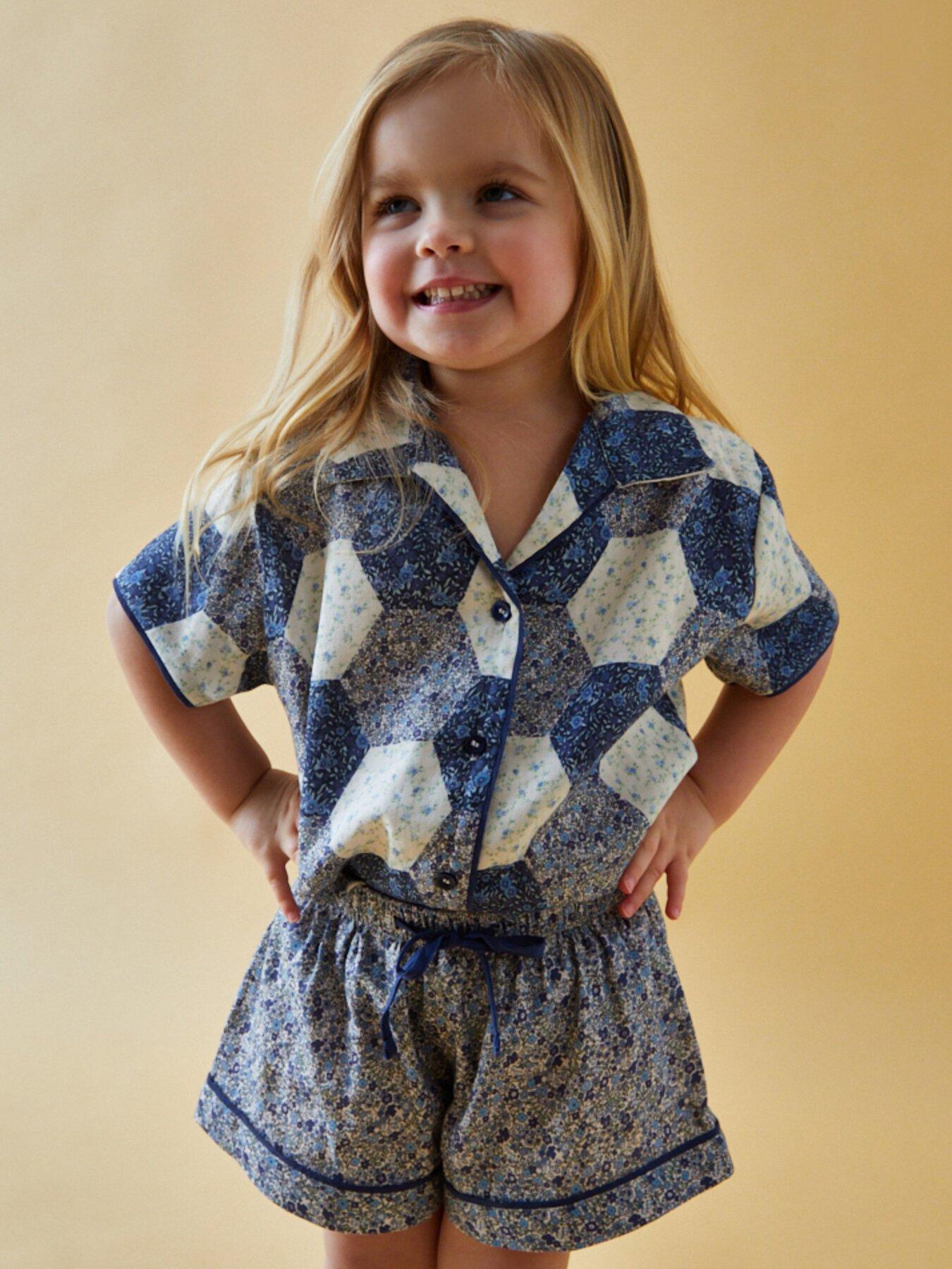  image of lily-lionel-girls-keira-short-sleeve-aster-patchwork-print-pyjama-set-blue