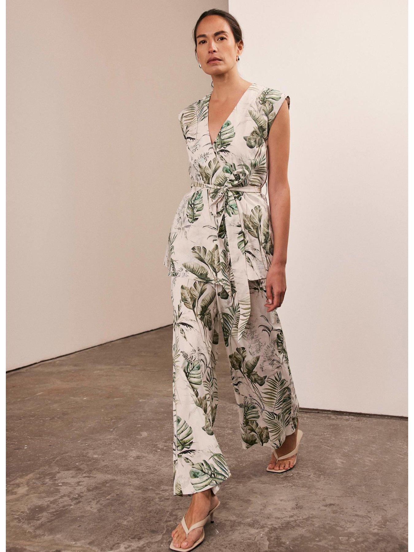  image of mint-velvet-palm-print-cotton-wrap-top-green