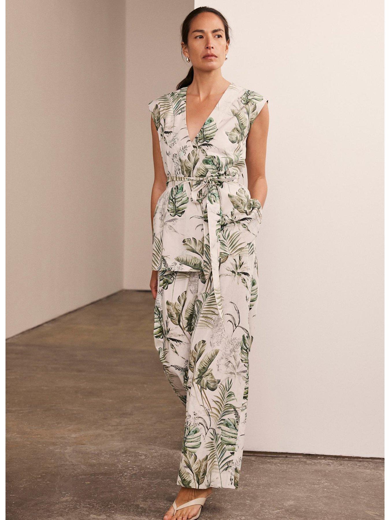 image of mint-velvet-palm-print-cotton-wrap-top-green