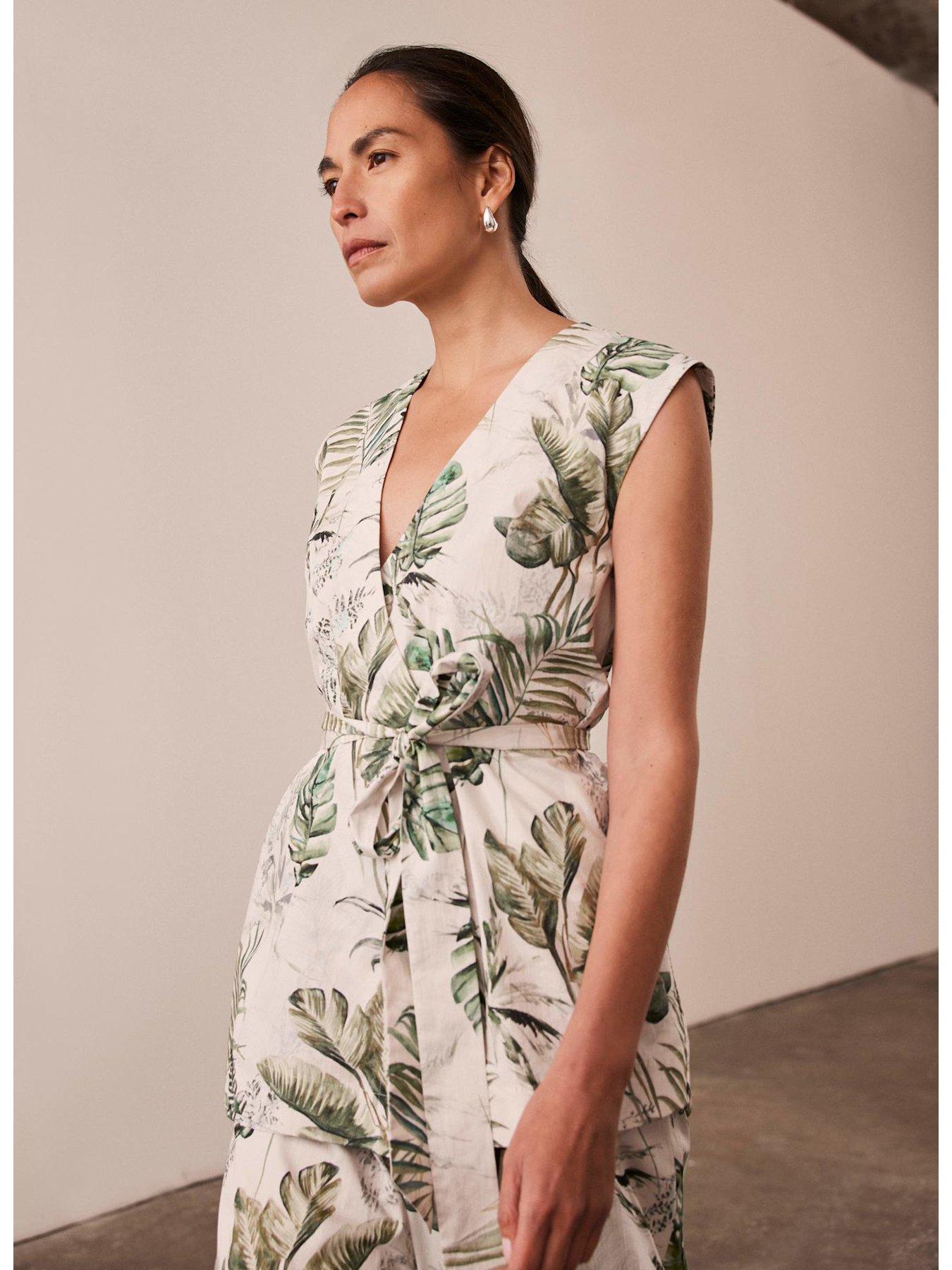  image of mint-velvet-palm-print-cotton-wrap-top-green