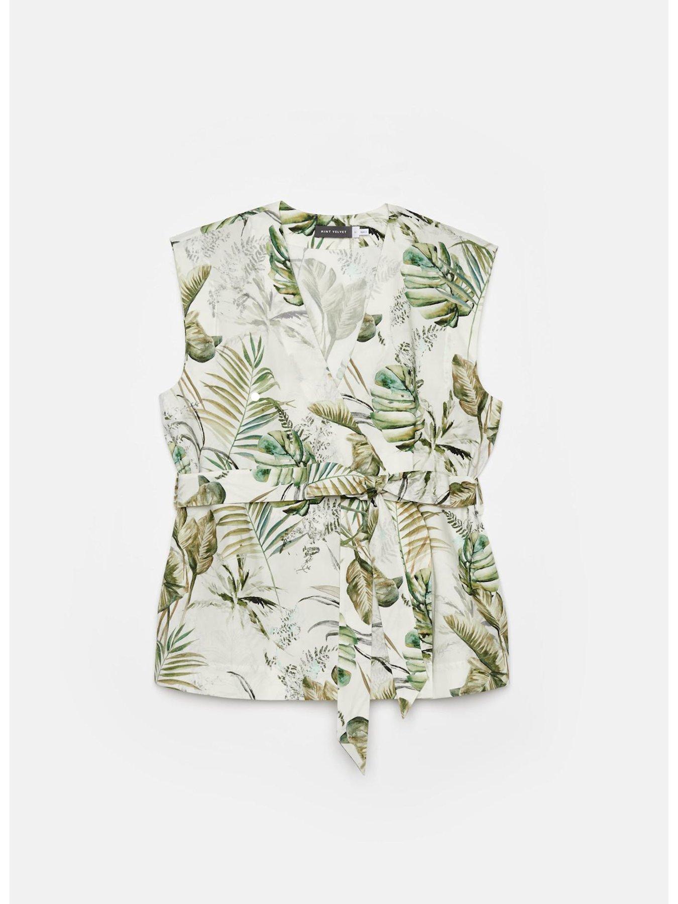  image of mint-velvet-palm-print-cotton-wrap-top-green