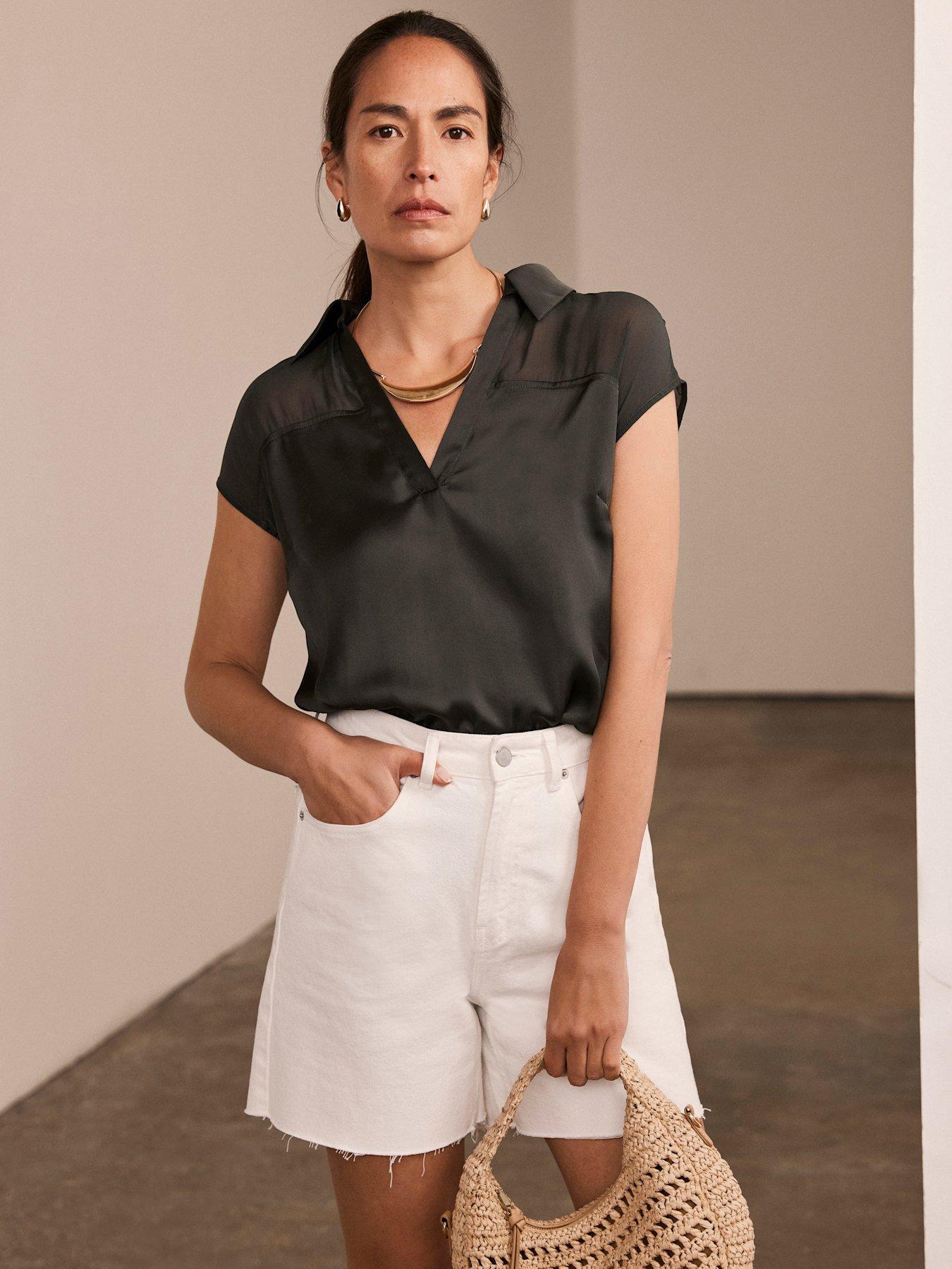 undefined Satin V-Neck Top - Khaki